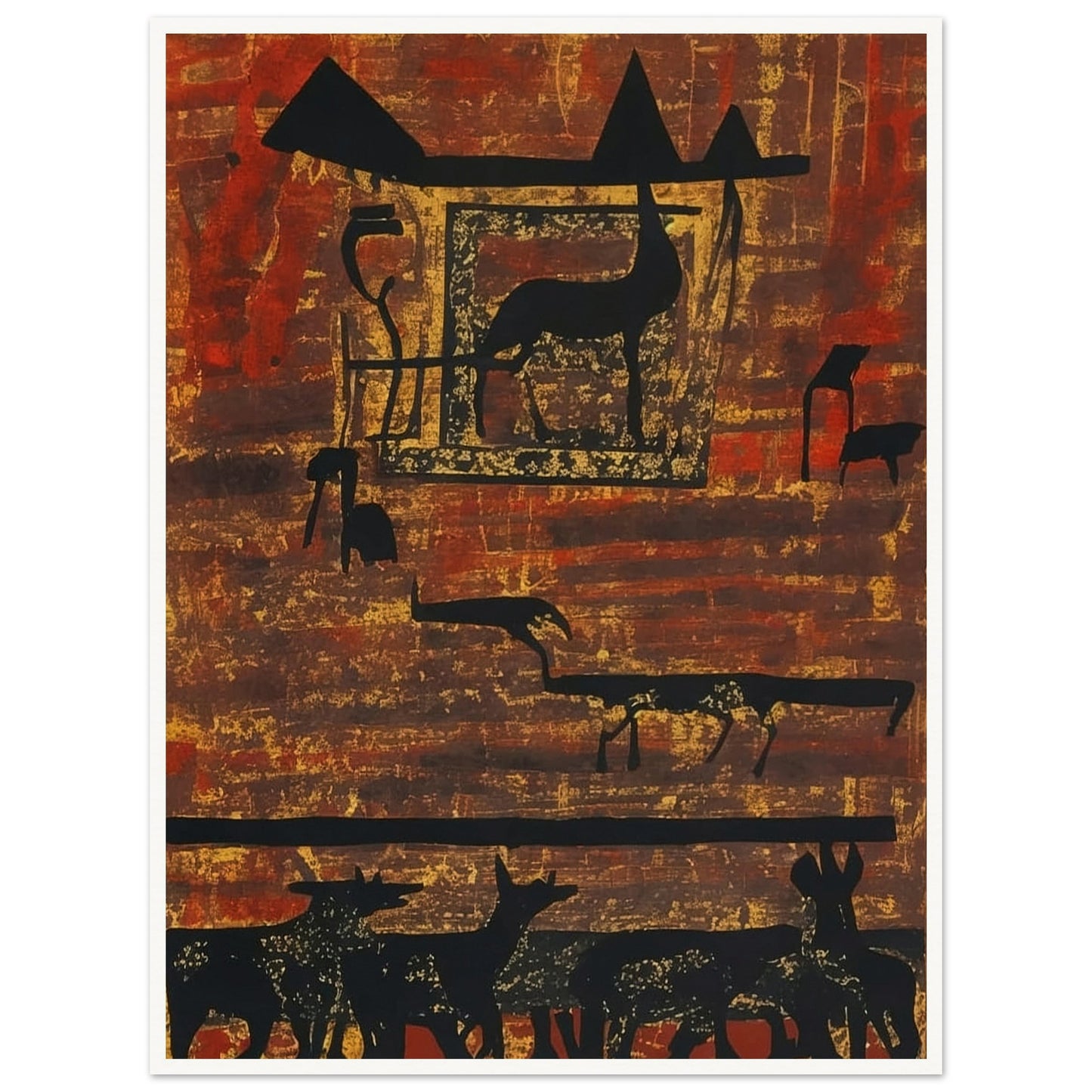 A rustic painting of silhouetted animals and geometric shapes on an earthy, textured background with rich red and brown hues.
