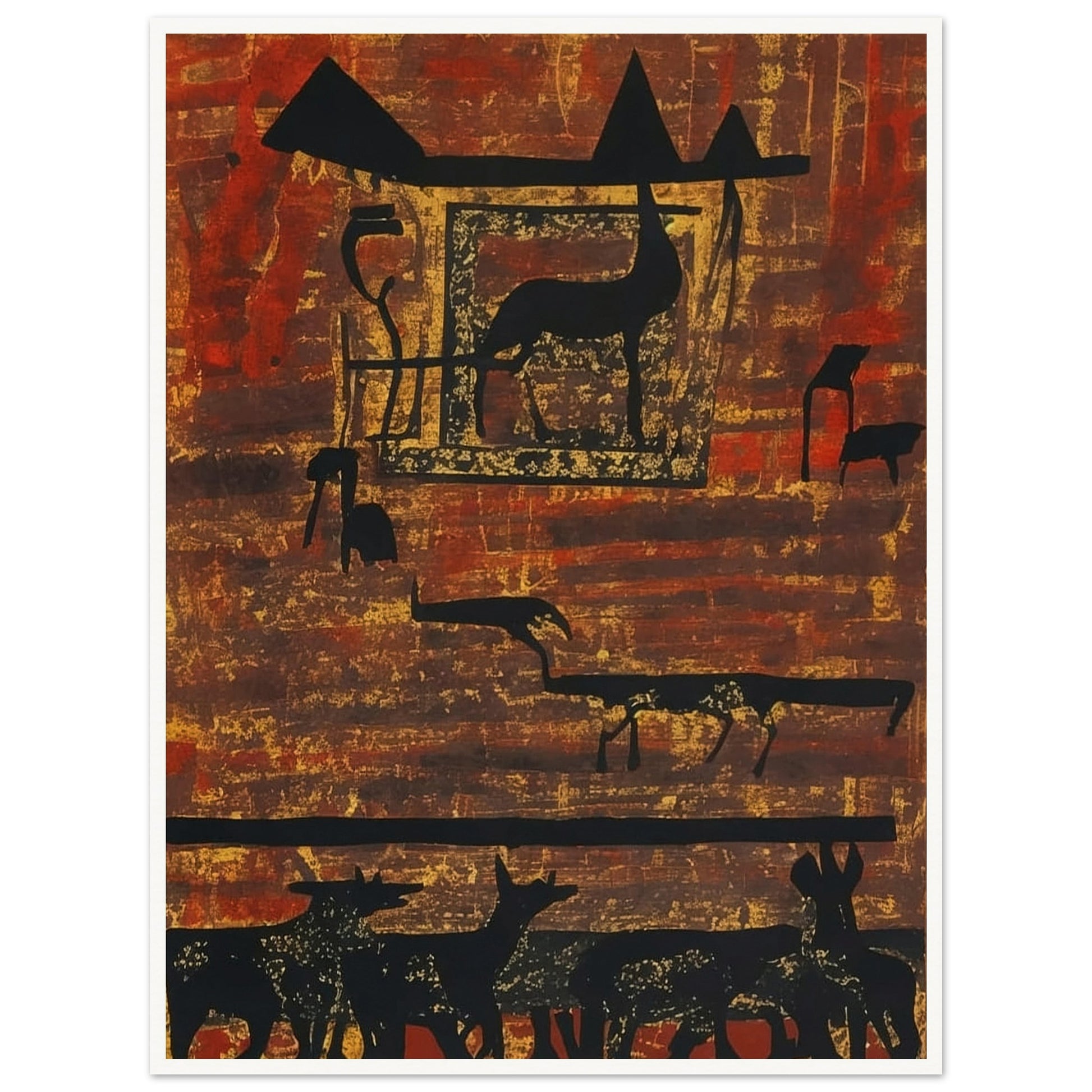 A rustic painting of silhouetted animals and geometric shapes on an earthy, textured background with rich red and brown hues.