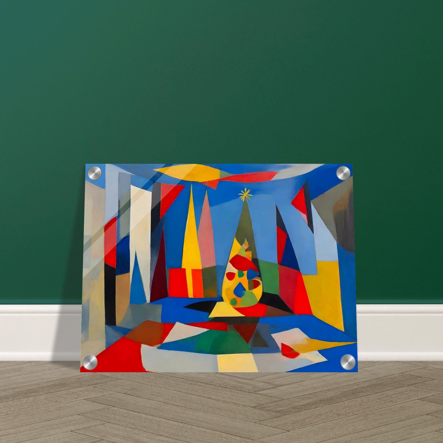 An abstract composition featuring geometric shapes and vibrant colors framing a stylized Christmas tree, creating a modern holiday scene.