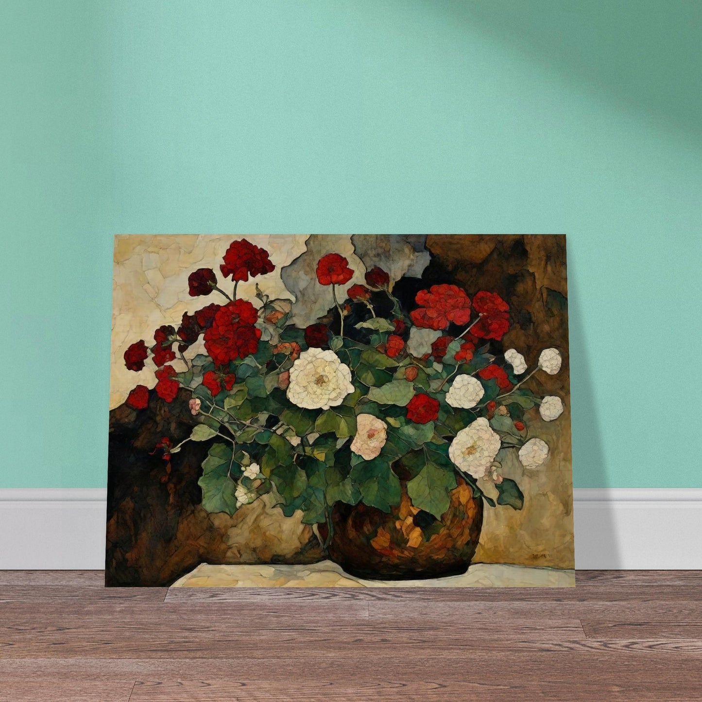 A detailed painting of a vase filled with red and white flowers, set against a textured background.