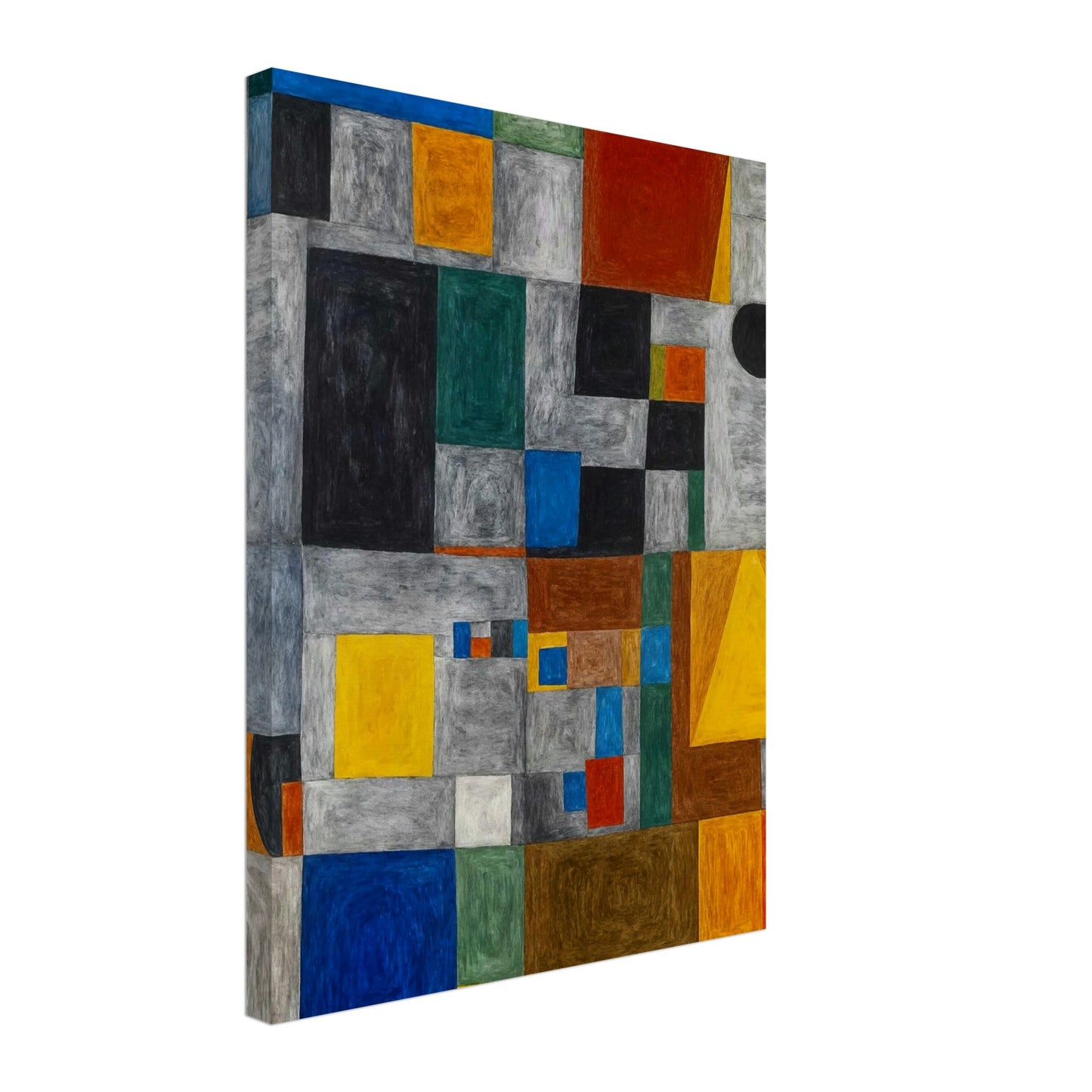 Abstract geometric artwork featuring a grid of colored squares and rectangles, creating a vibrant, dynamic composition.