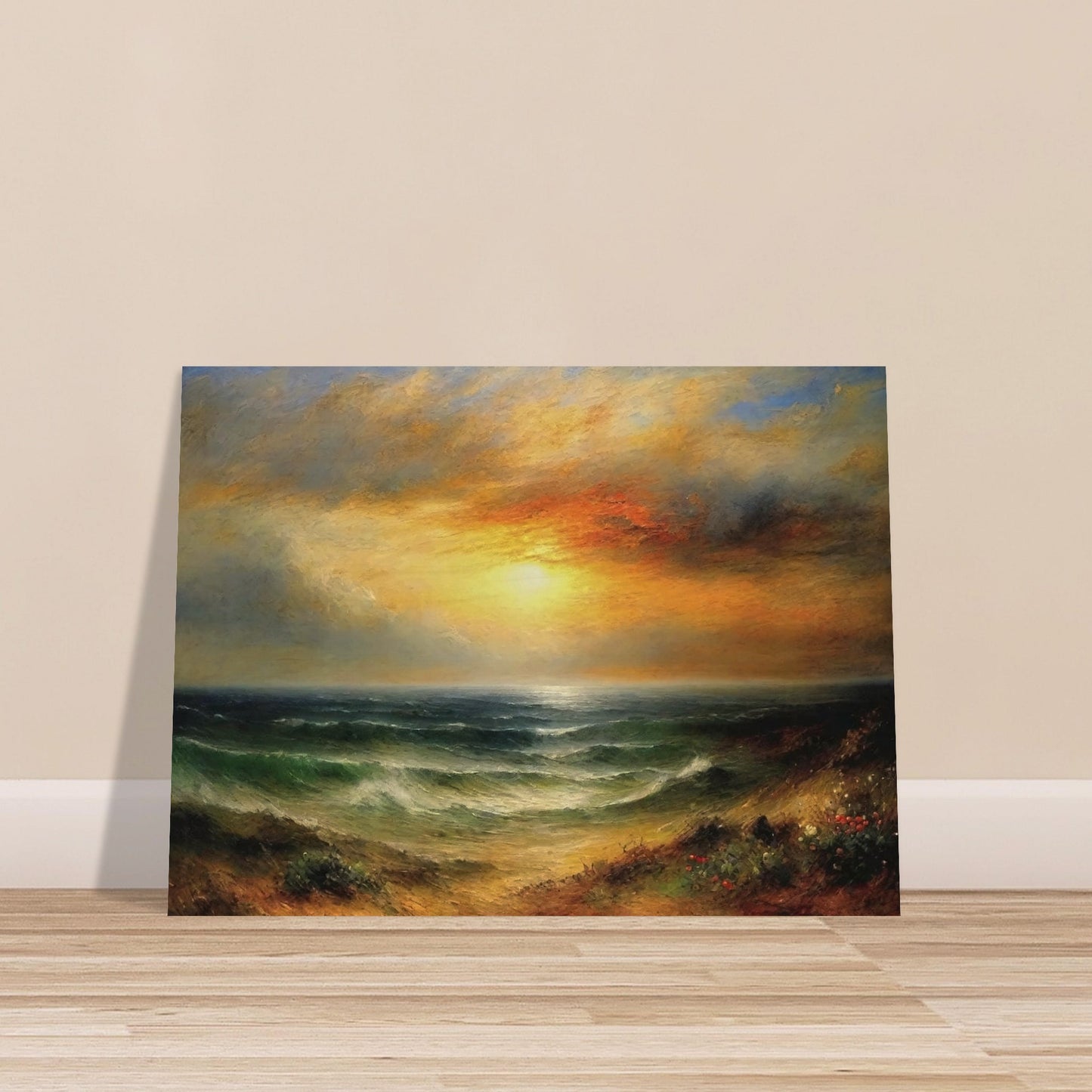 A beautiful seascape painting of a glowing sunset over calm ocean waves, with golden skies and soft colors reflecting on the water.