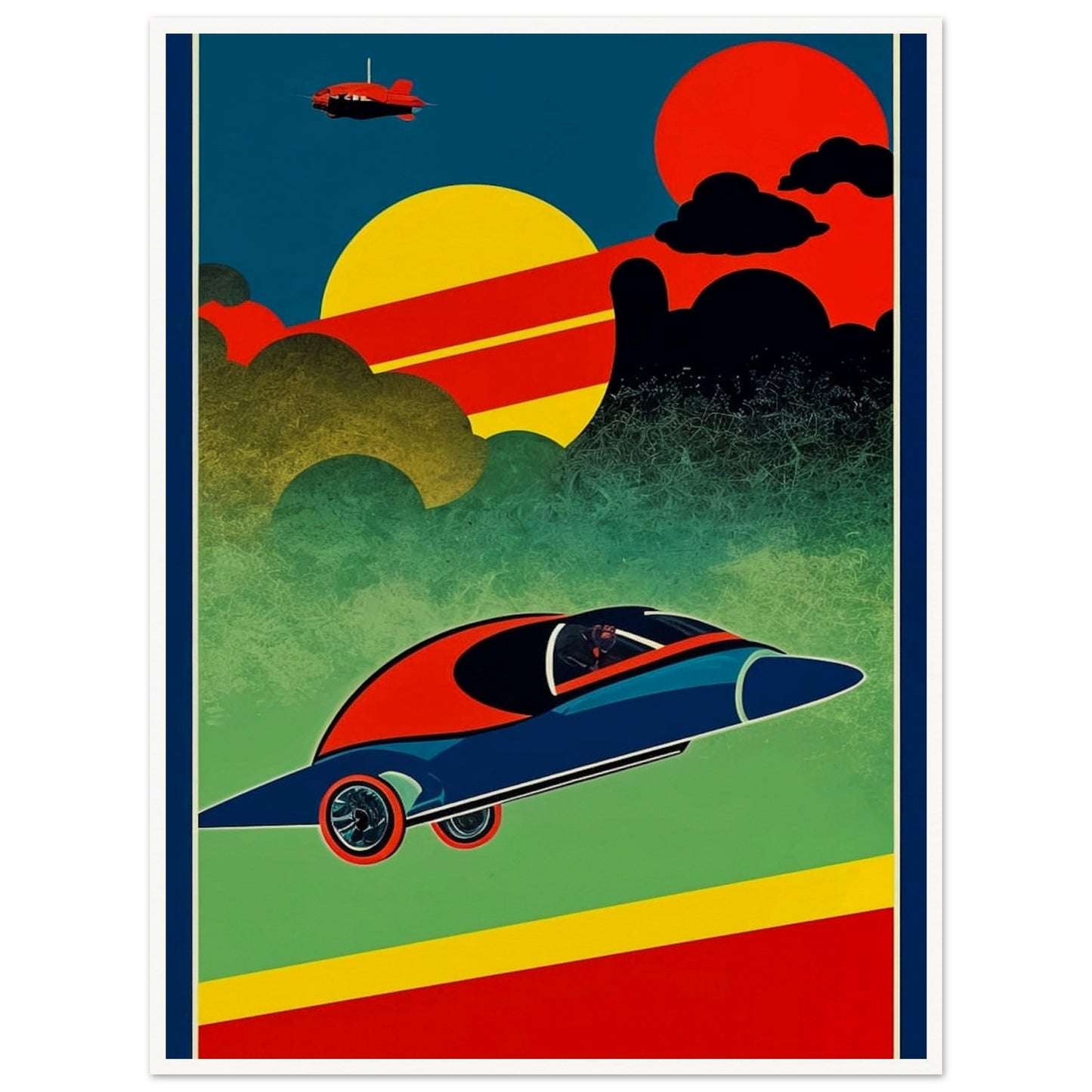 A vibrant, retro-futuristic artwork depicting a sleek, flying car soaring through a colorful sky with bold geometric shapes and a distant plane.