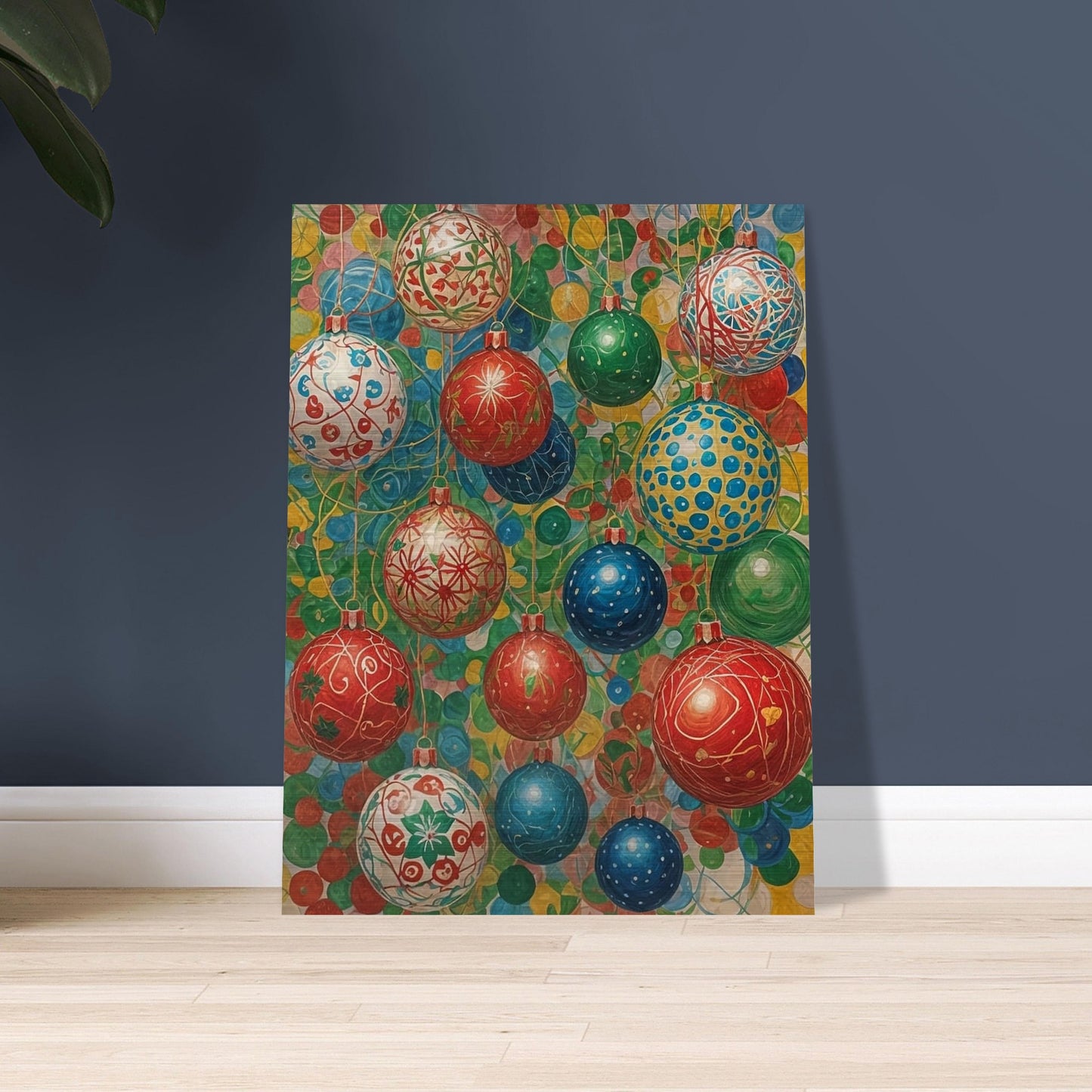 A vibrant array of colorful Christmas ornaments in red, blue, green, and white, decorated with intricate patterns and set against a lively background of overlapping colors.