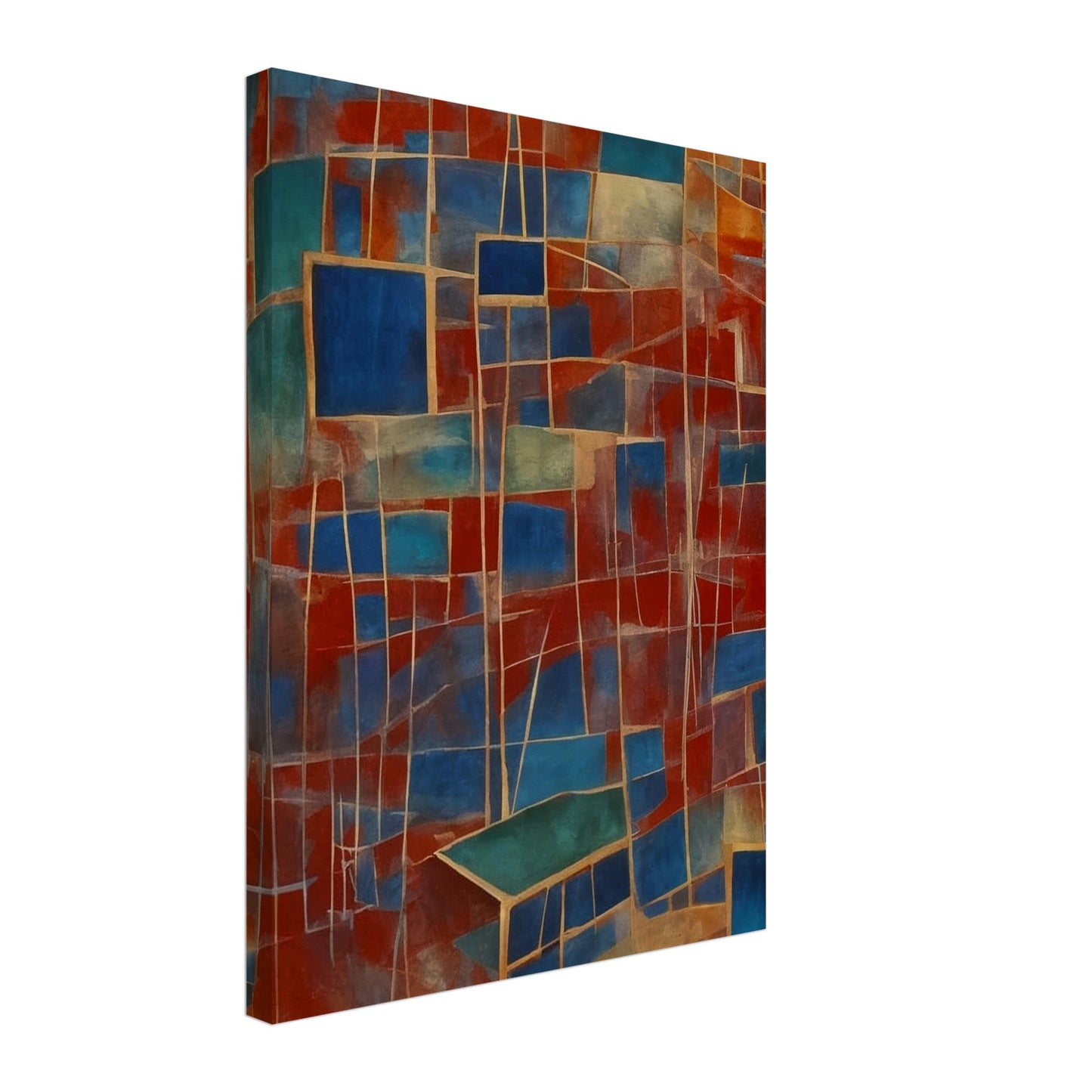 A vibrant composition featuring a network of interconnected blue and red rectangles, creating a dynamic and fragmented visual experience.