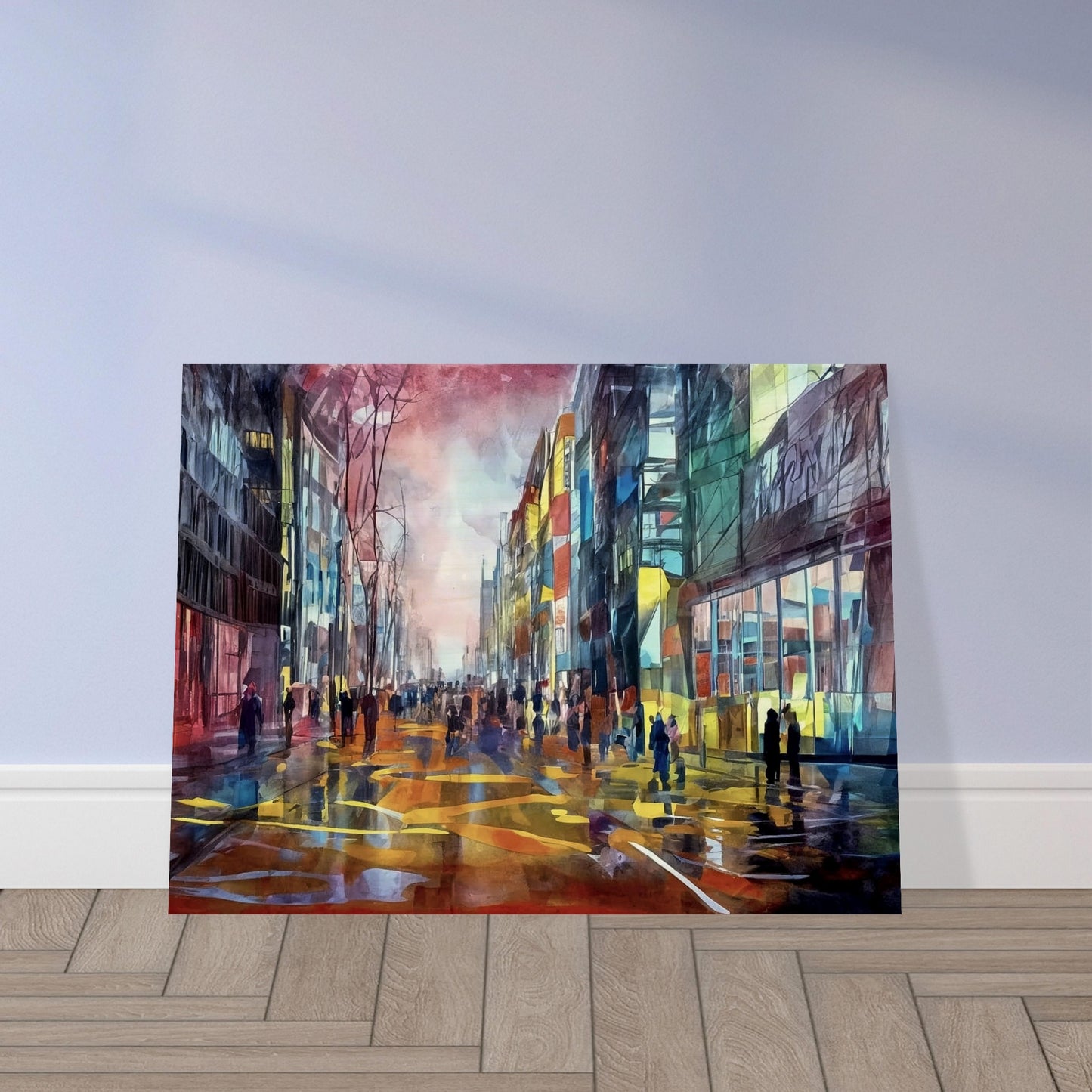 A colorful urban scene depicting people walking down a city street lined with tall buildings, illuminated by vibrant reflections of city lights and set against a dramatic sky.
