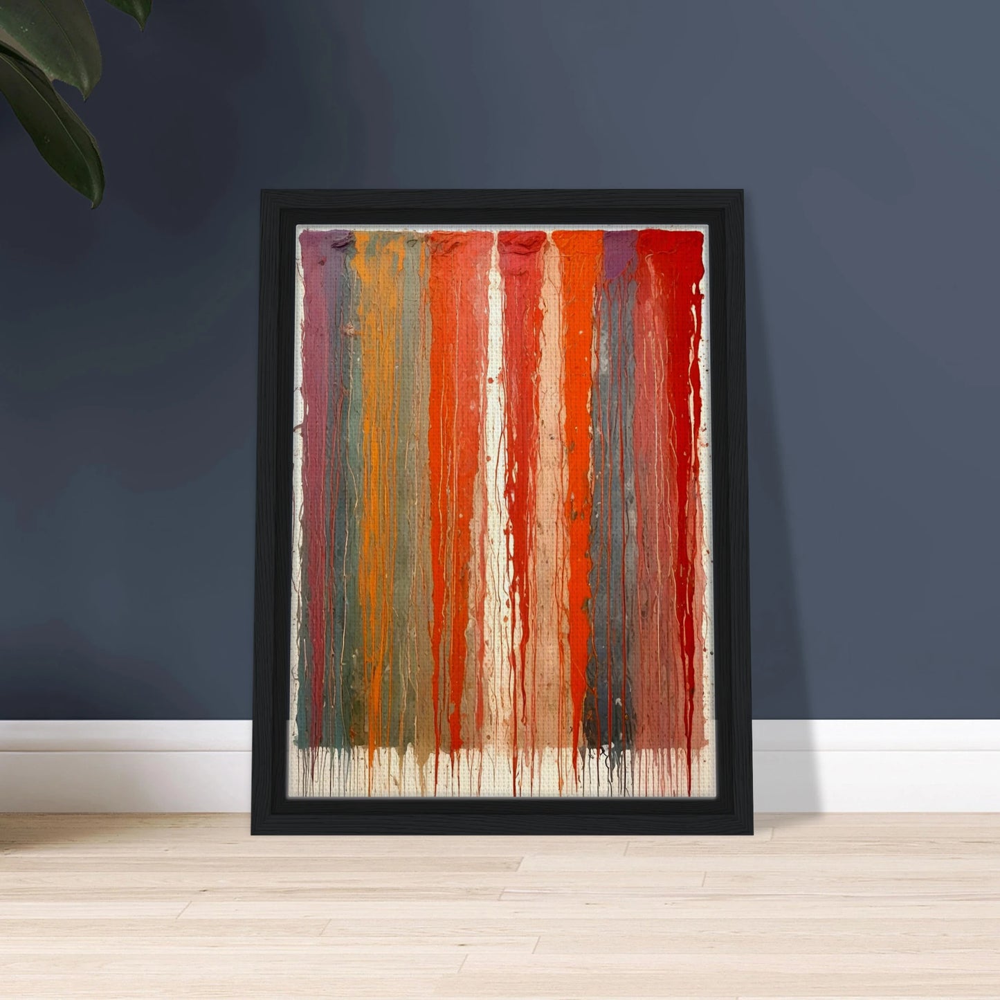 Vertical ribbons of vibrant paint drip down the canvas in layered red, orange, blue, and purple tones against a pale backdrop.