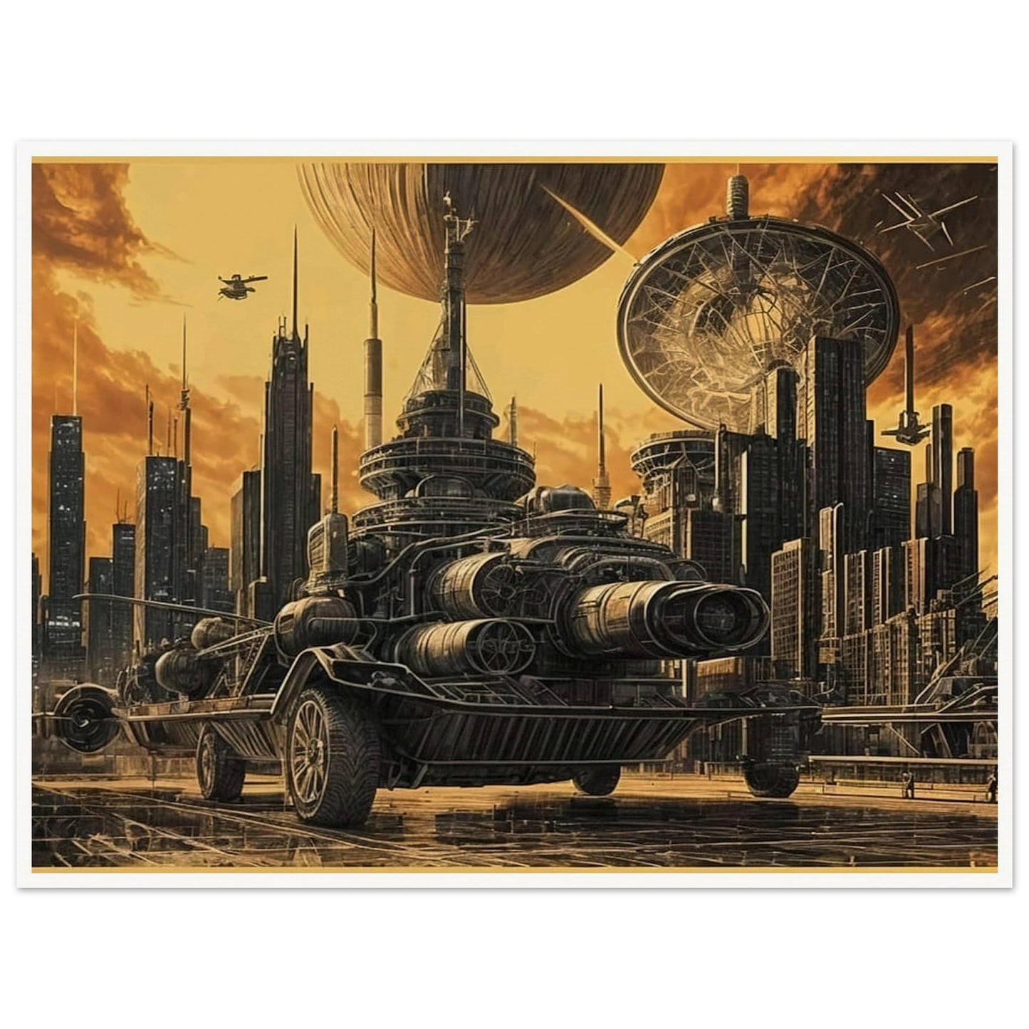 A massive futuristic machine rolls through a towering, industrial city under a golden sky, surrounded by advanced technology and spacecraft.