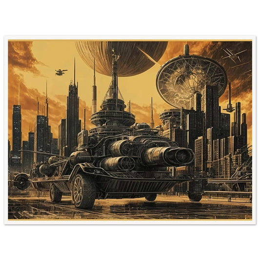 A massive futuristic machine rolls through a towering, industrial city under a golden sky, surrounded by advanced technology and spacecraft.