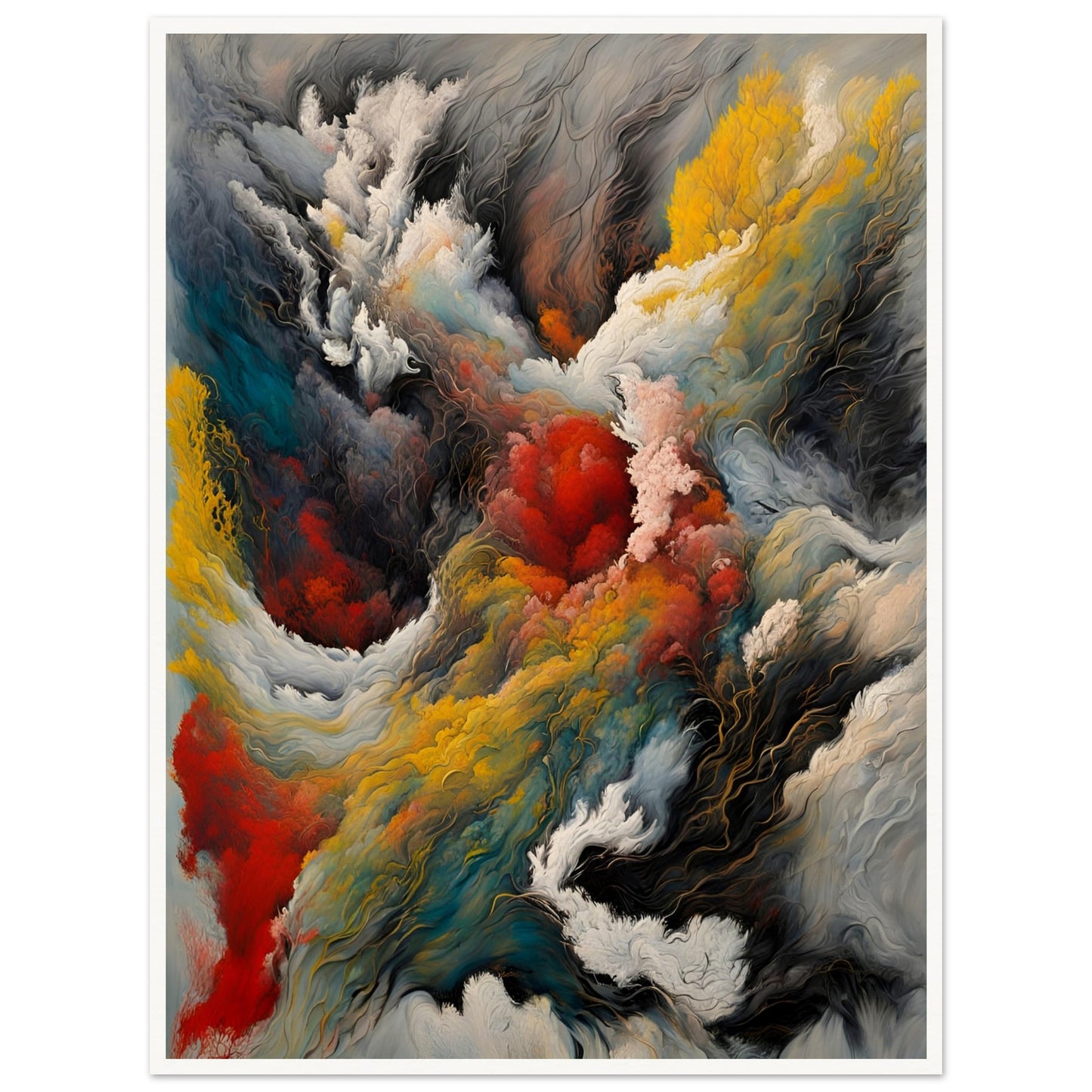 A dramatic painting depicting swirling clouds of smoke, fire, and mist with deep reds, golds, blues, and blacks, evoking a powerful elemental force.