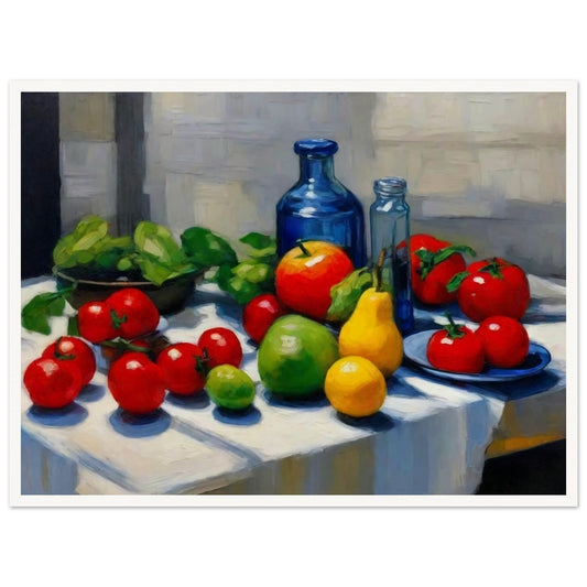 Still life of ripe tomatoes, apples, pears, and other fruits on a table, accented by blue glass bottles, under soft natural lighting.