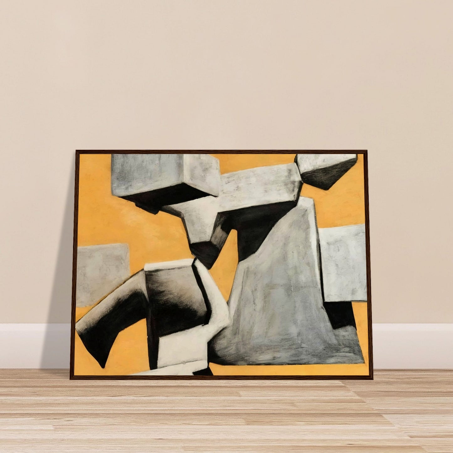 An abstract composition of floating and intersecting gray geometric shapes, set against a warm, textured orange background, creating a sense of movement and contrast.