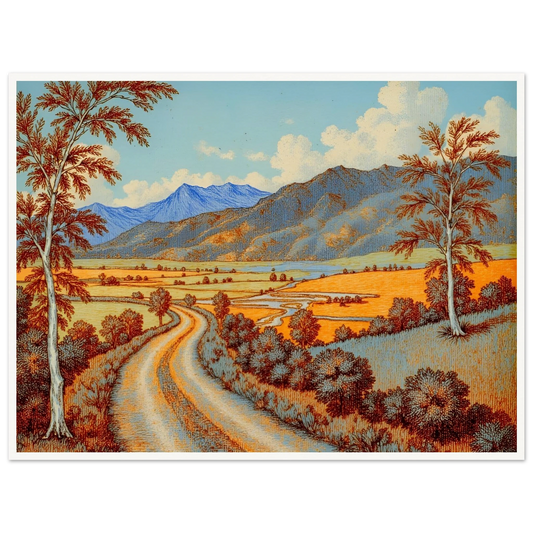 A vibrant, stylized countryside landscape with a winding road, amber fields, tall trees, and blue mountain ranges under a clear sky.