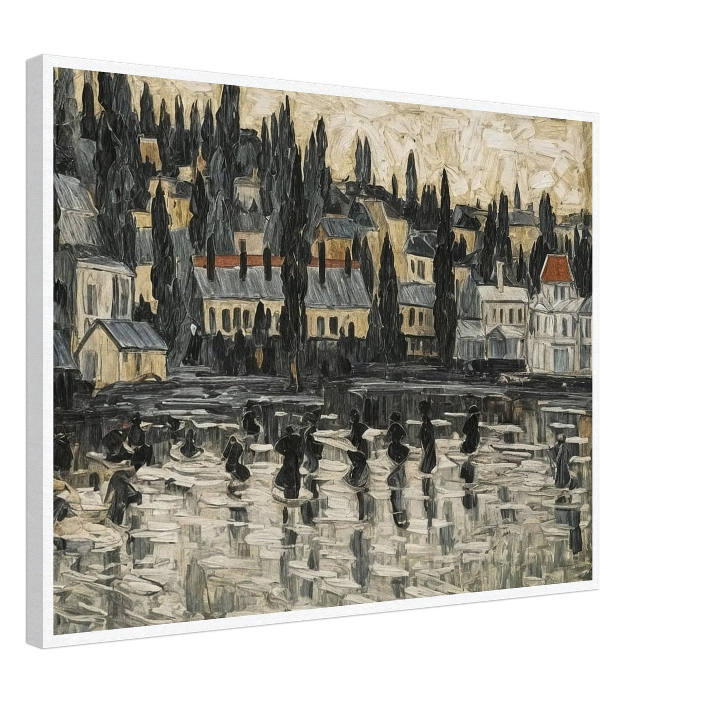 A textured painting of a serene townscape reflected on a misty lake, with tall trees and buildings set against a soft, muted sky.