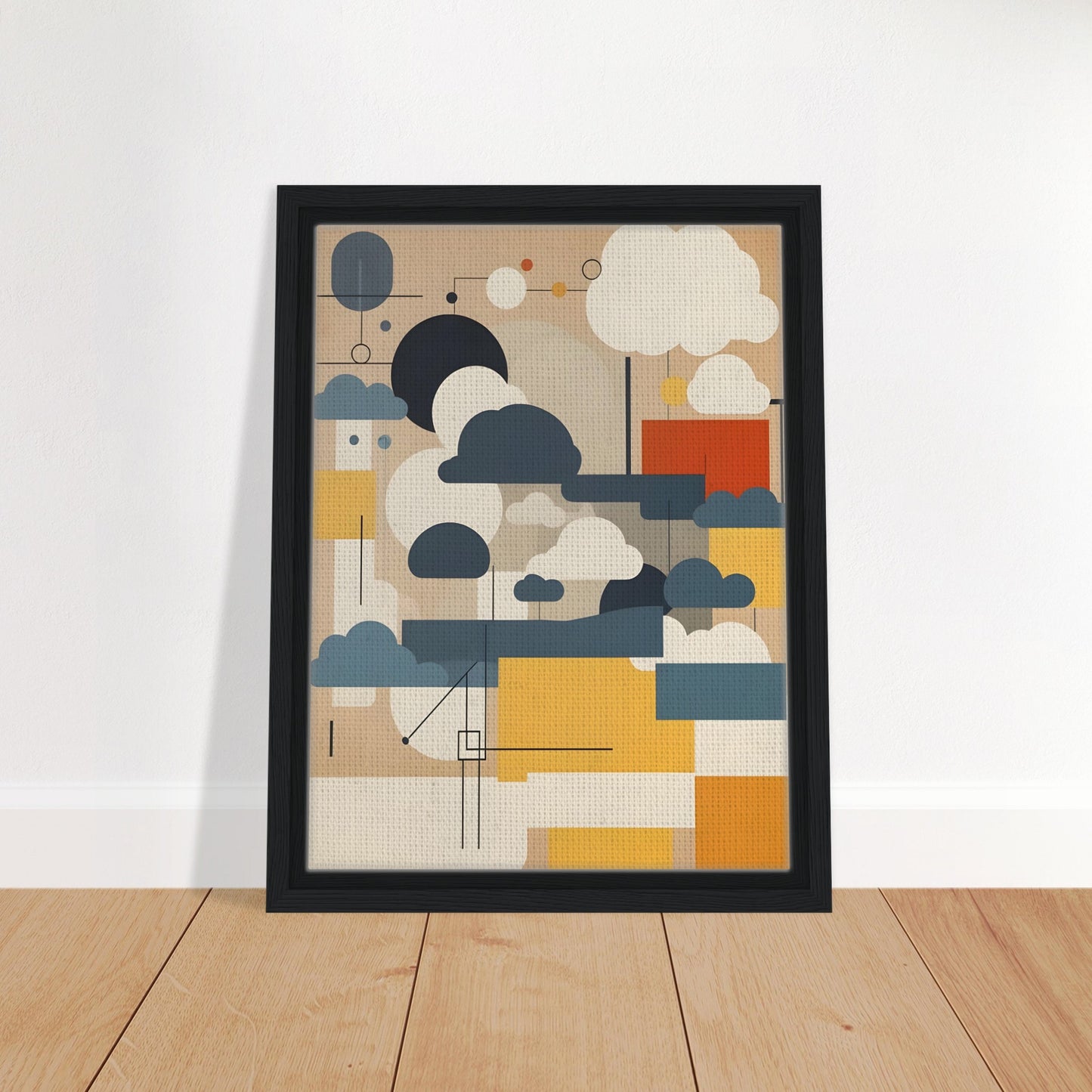 An abstract geometric artwork featuring stylized cloud shapes in white, gray, and blue, with rectangular blocks in yellow, beige, and red on a muted tan background.