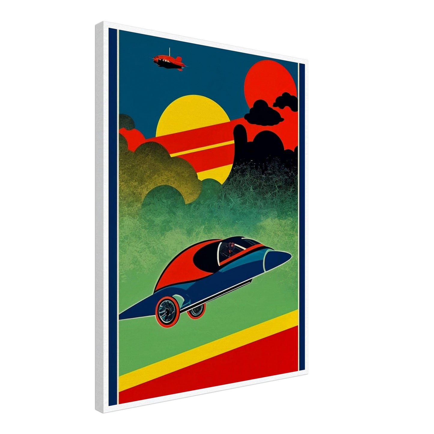 A vibrant, retro-futuristic artwork depicting a sleek, flying car soaring through a colorful sky with bold geometric shapes and a distant plane.