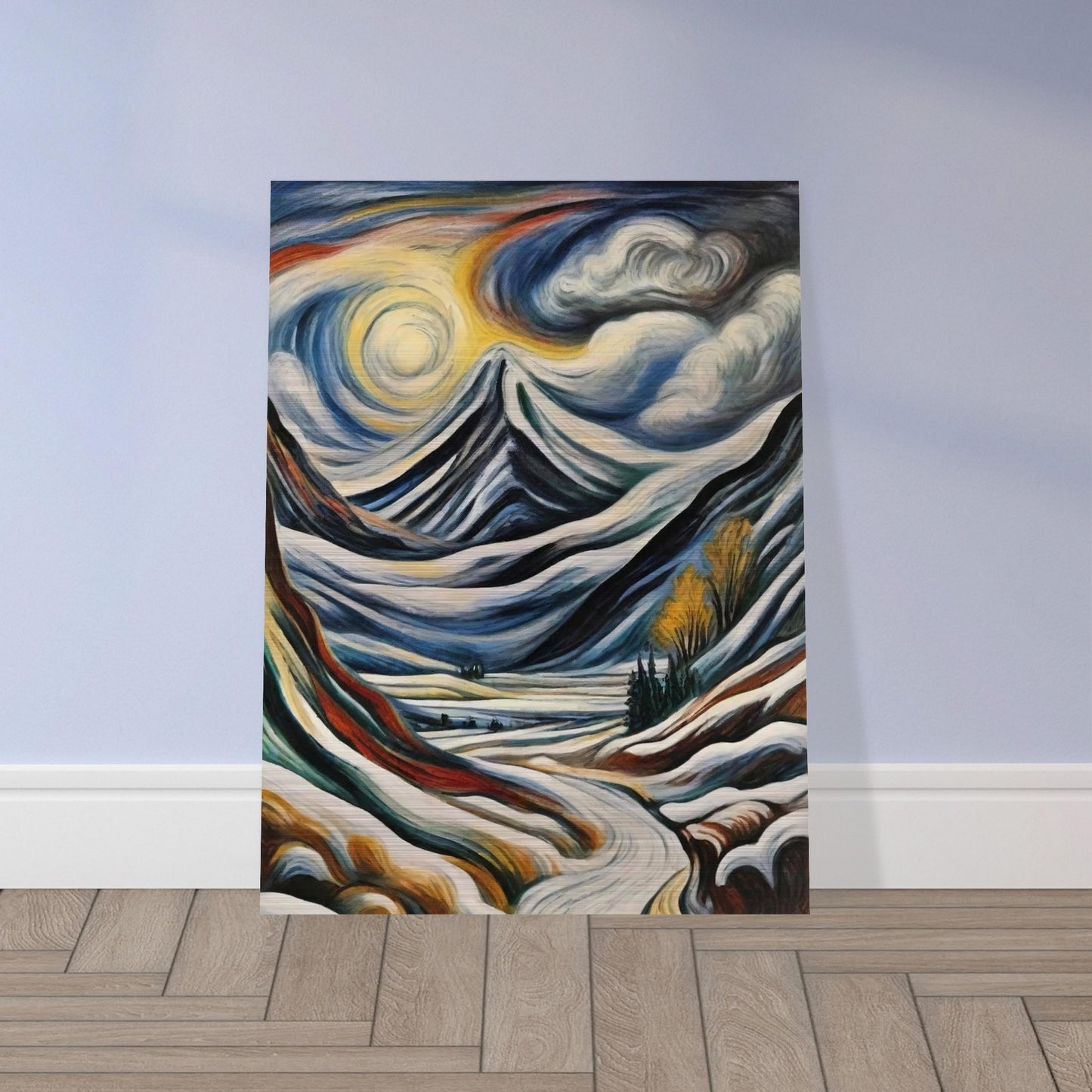 "A stunning depiction of snow-covered mountains beneath swirling clouds and a glowing sun, with a winding path leading into the scene."