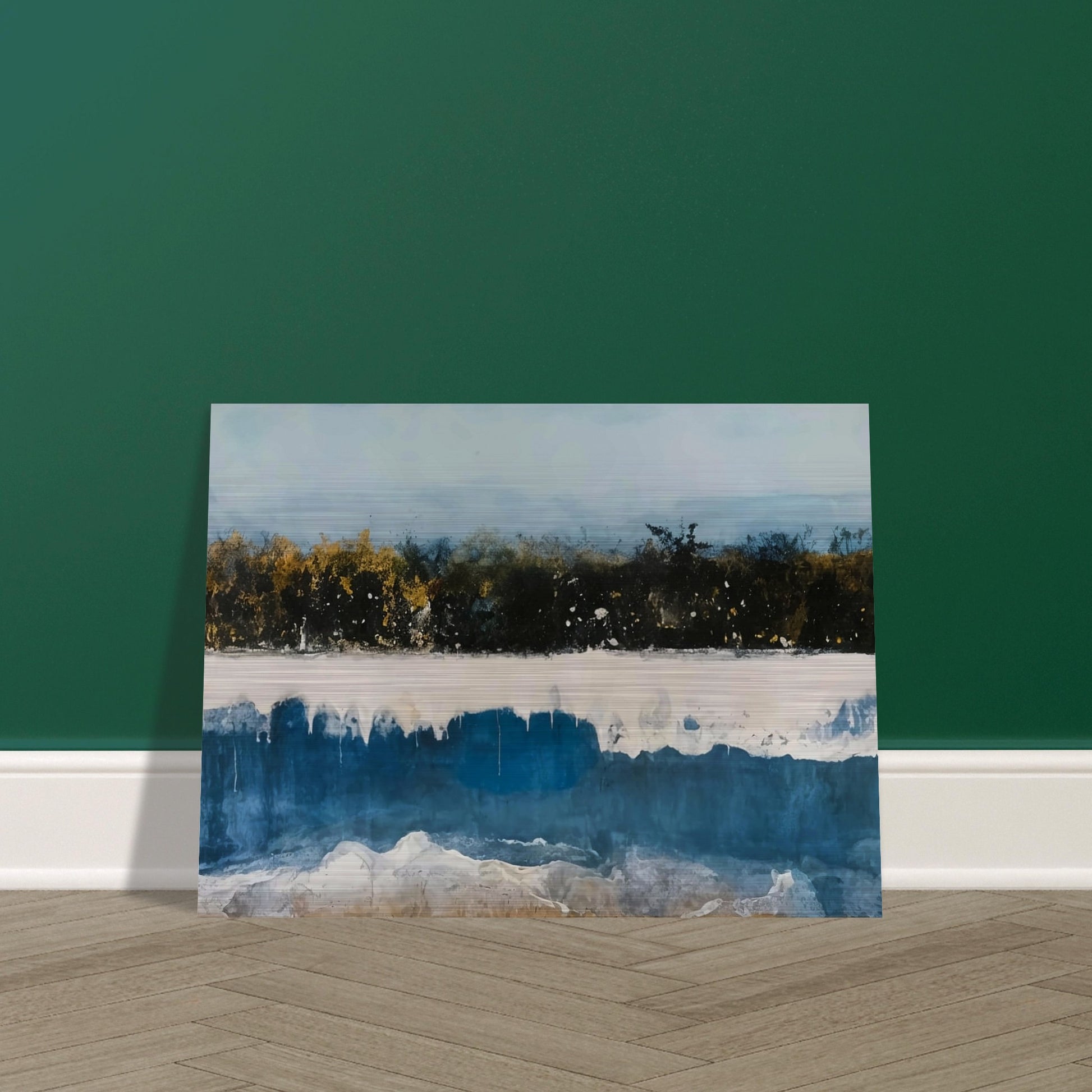 A shoreline with rich blue tones and golden trees under a soft sky, blending natural elements in a peaceful and dreamlike setting