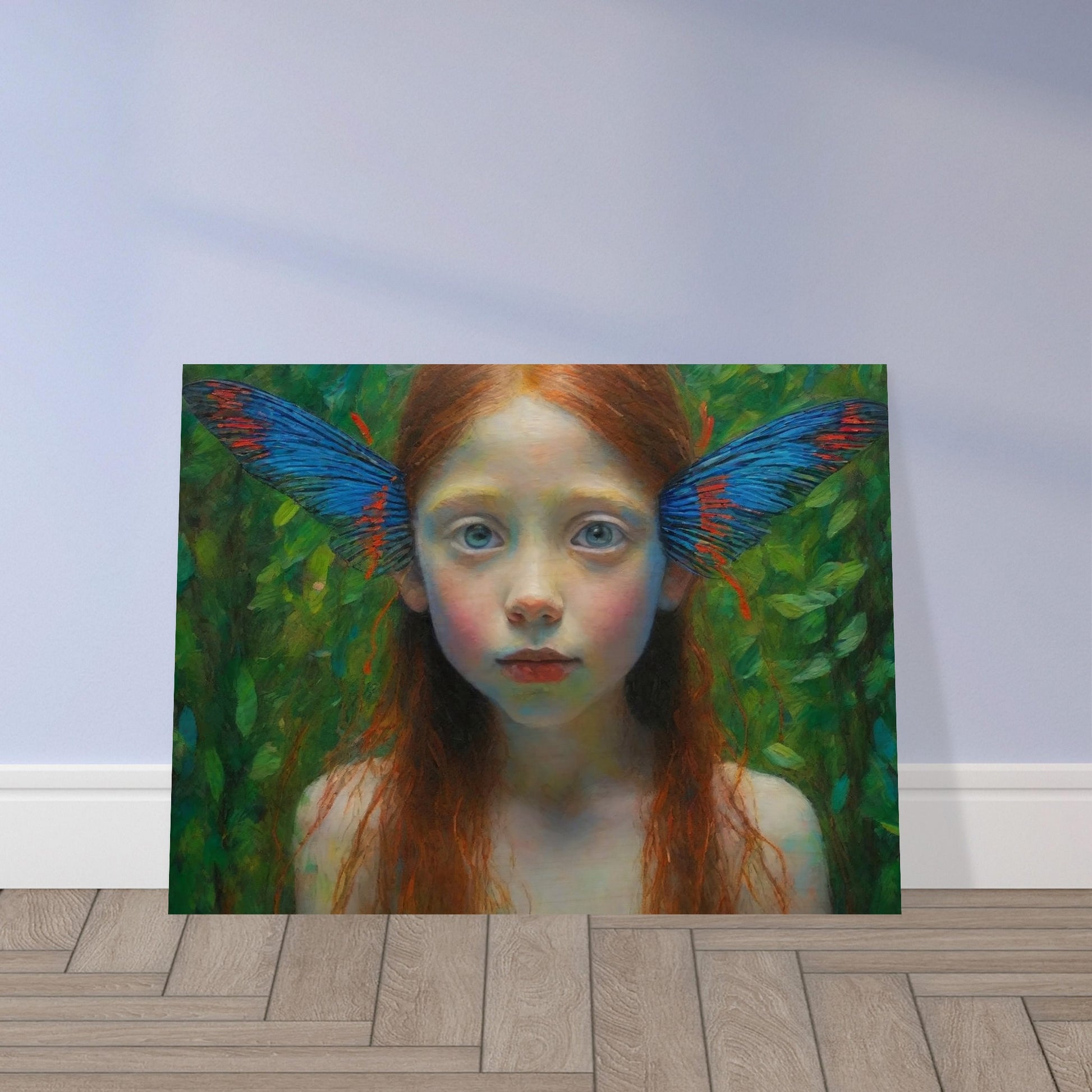 A realistic painting of a young girl with long red hair and vibrant butterfly wings emerging from her ears. She stands against a lush green background, looking directly at the viewer.
