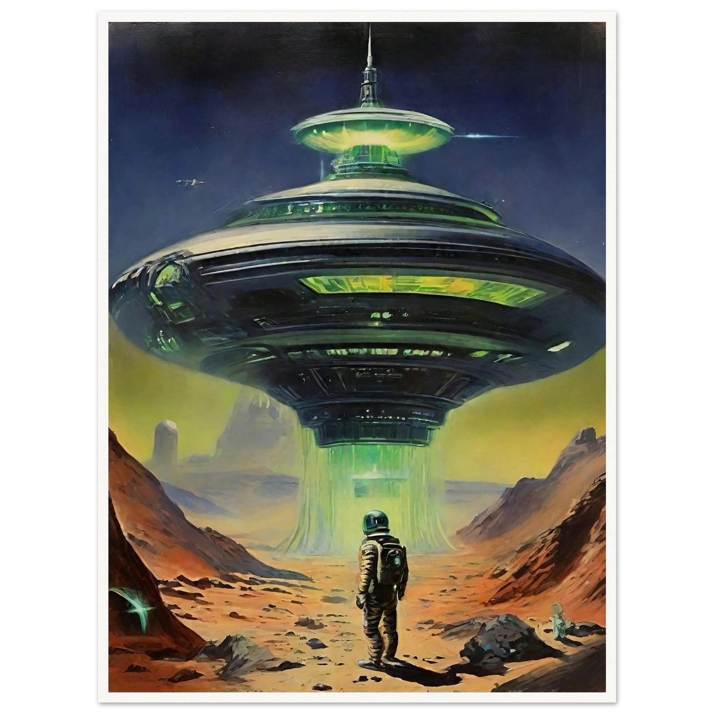 A sci-fi painting of an astronaut standing in front of a large, illuminated alien spacecraft on a barren landscape.