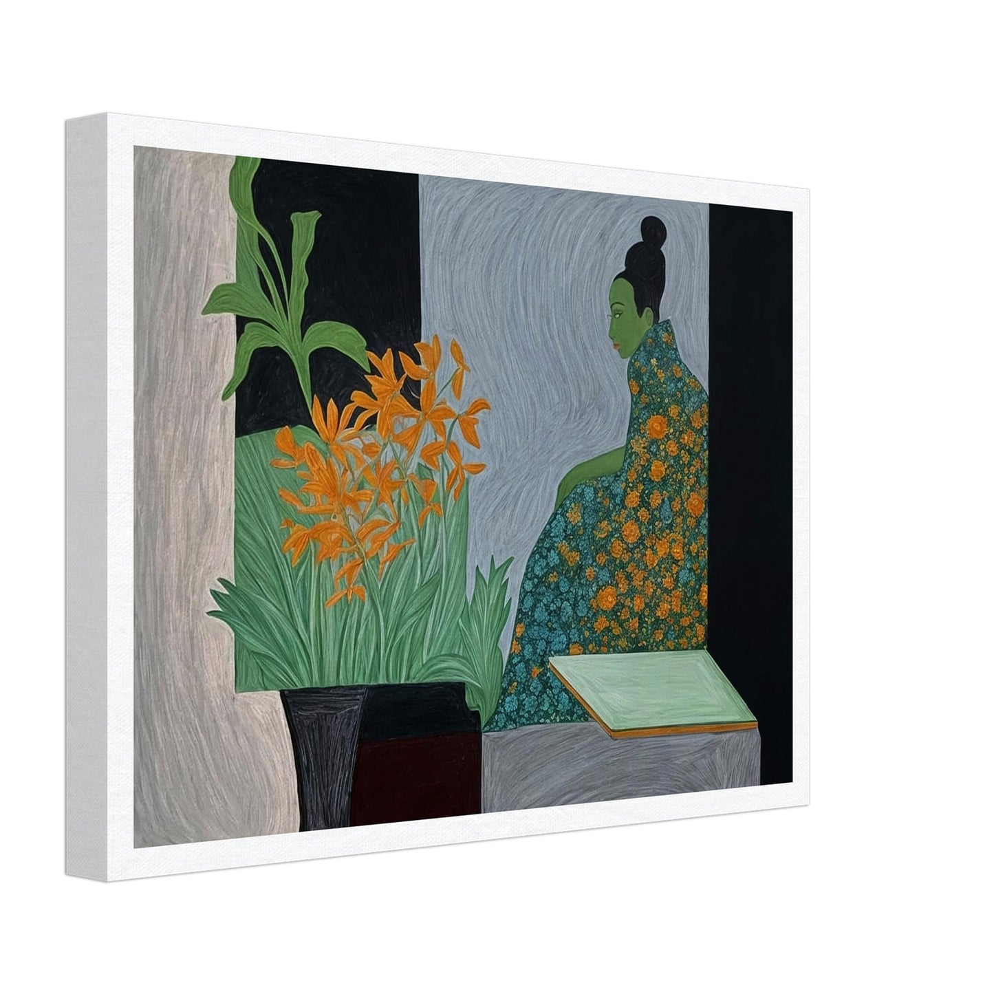 A painting of a woman with a green face in a floral dress, sitting in contemplation next to vibrant orange flowers.