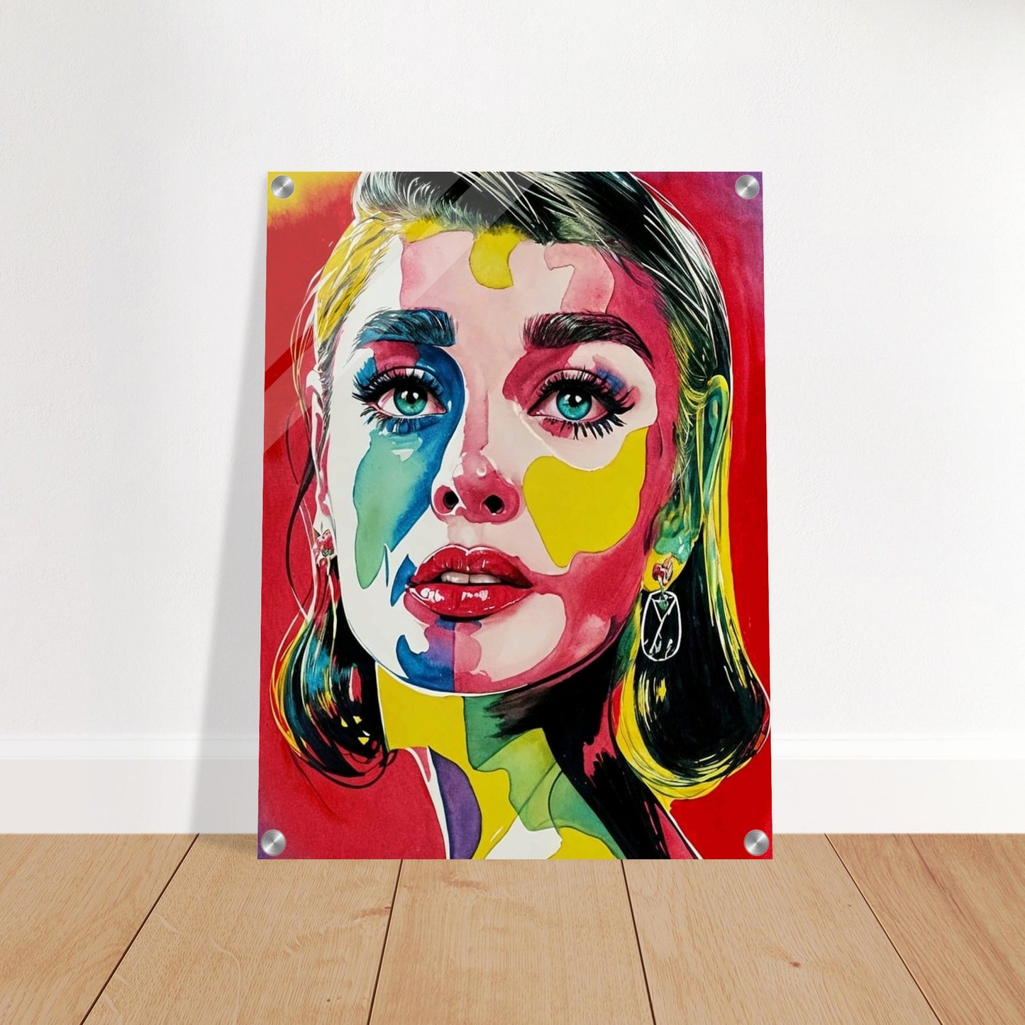 A striking portrait of a woman with vivid colors painted across her face, featuring bold reds, blues, yellows, and greens, with intense, captivating eyes.