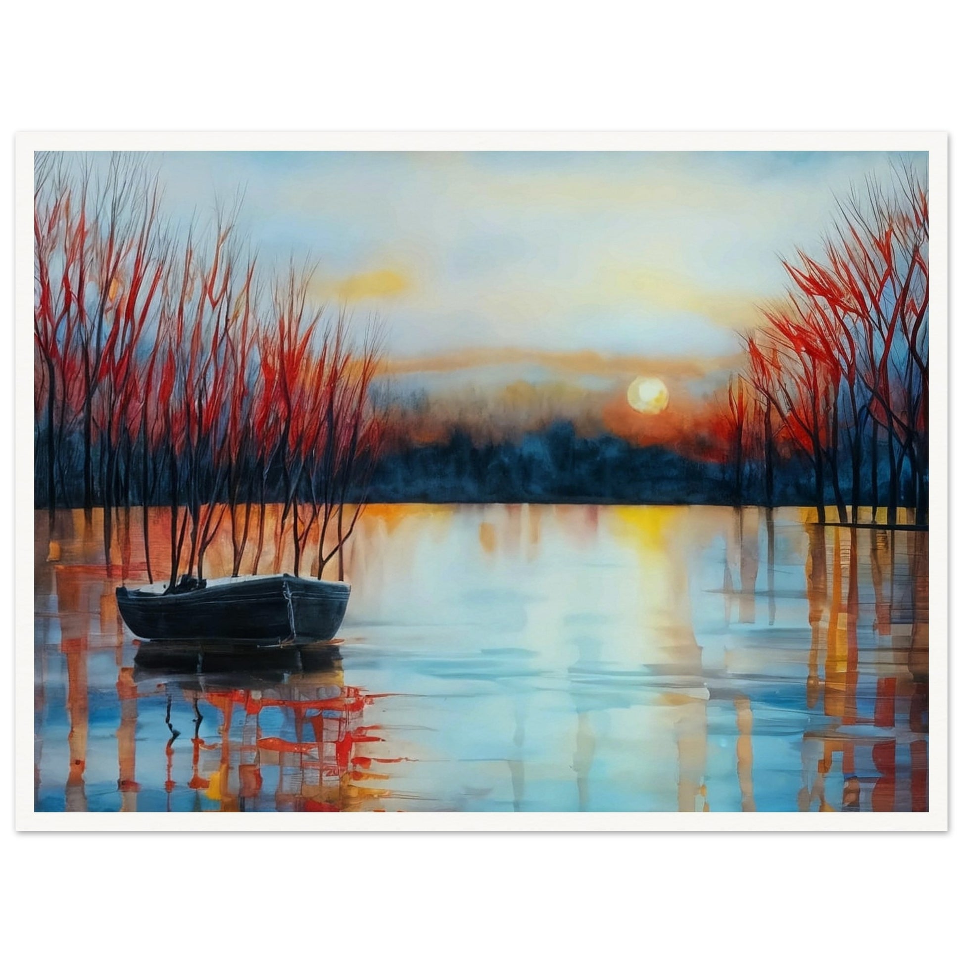A tranquil lake at sunset with a small boat anchored near bare trees, reflecting the warm hues of the setting sun.
