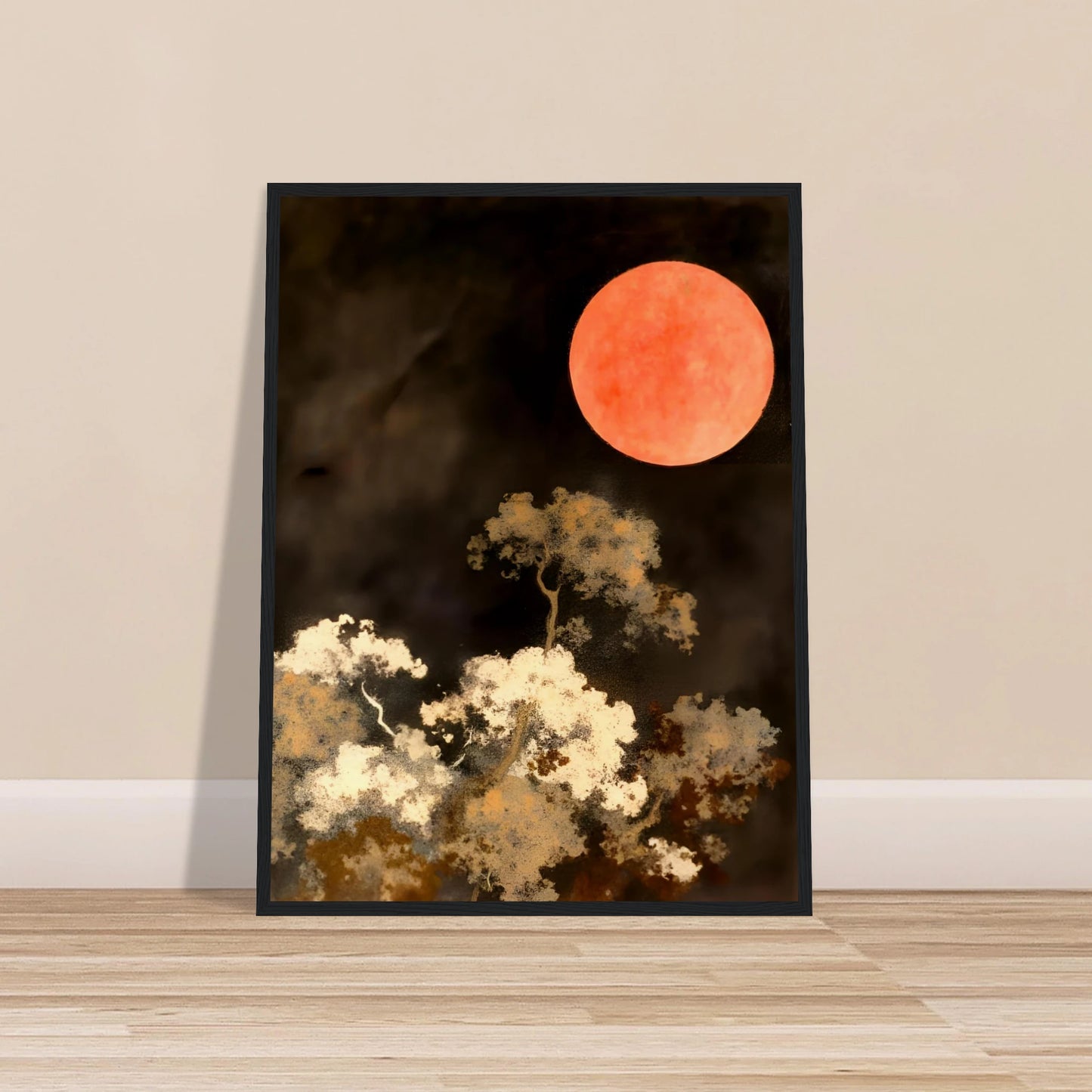 A glowing red moon floats over wispy trees in the dark, creating a dreamlike night scene with fiery contrast and quiet drama.