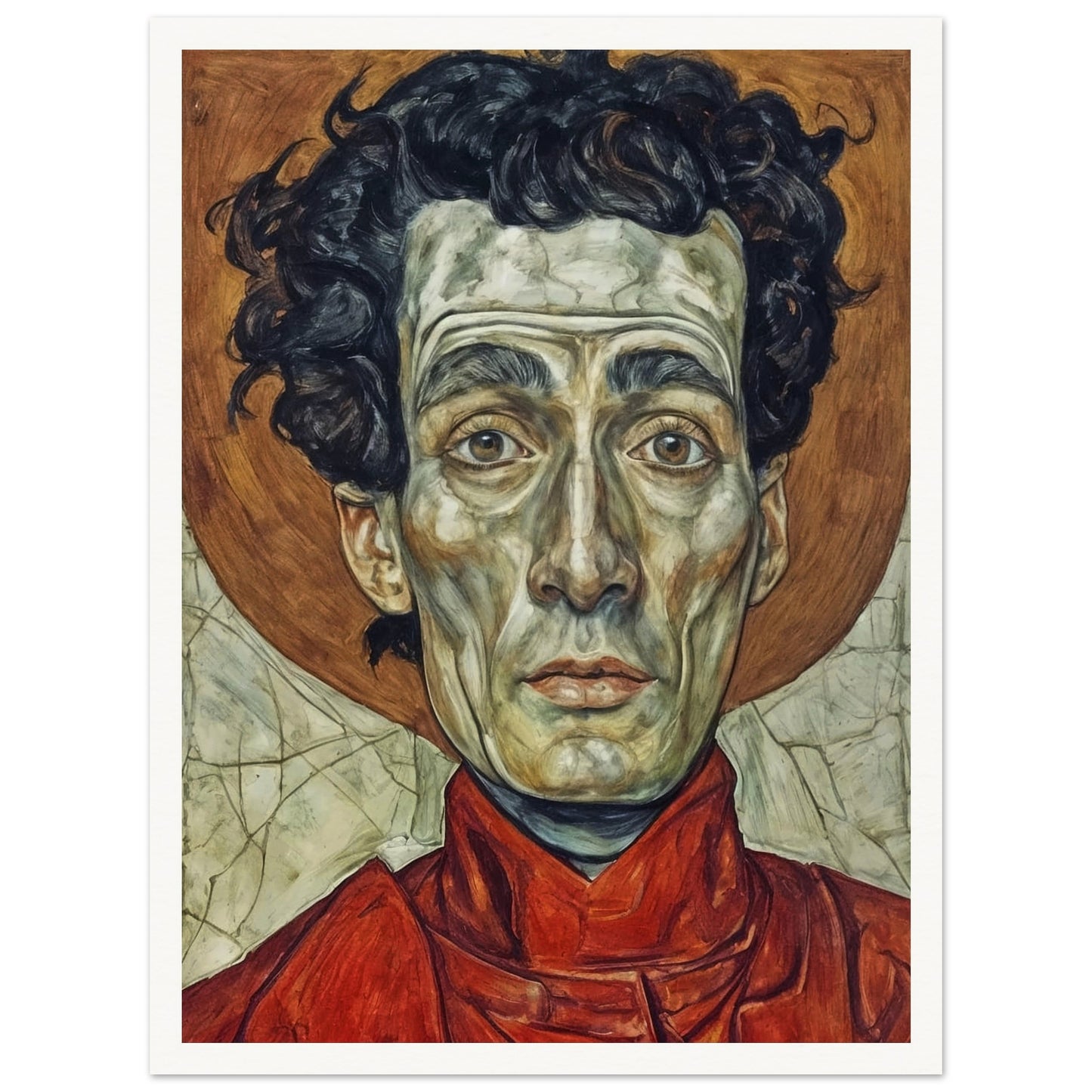 A striking portrait of a man with intense, solemn eyes, painted in vivid reds and browns, capturing a deep sense of weariness and resolve.