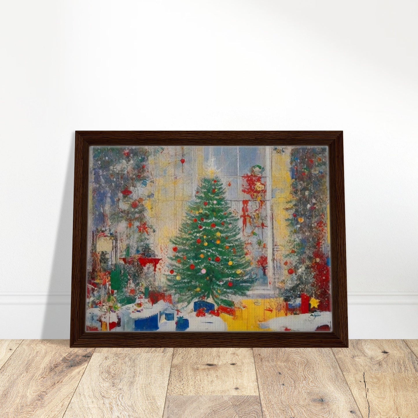A vibrant painting of a festive living room with a beautifully decorated Christmas tree, glowing lights, and wrapped presents by a large window.
