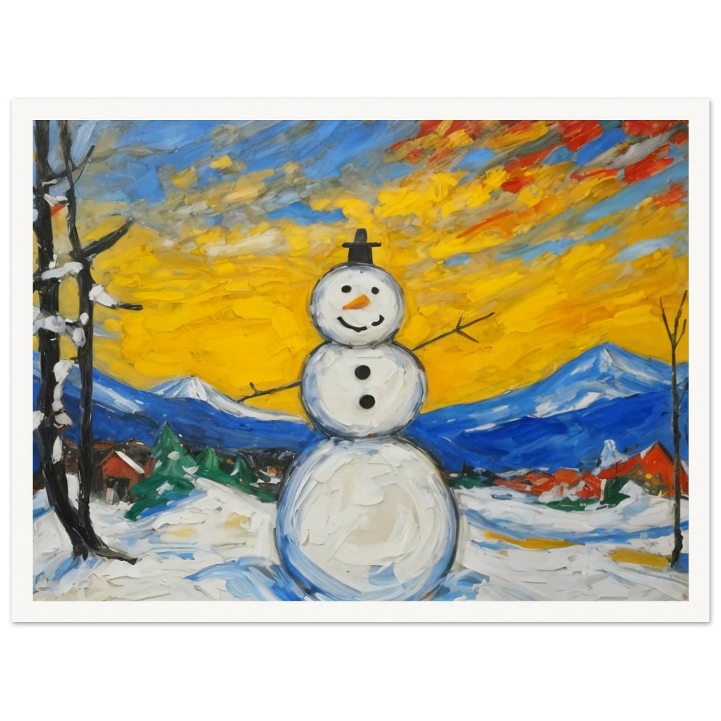 A cheerful snowman stands in a snowy village landscape with a vibrant yellow and orange sunrise, framed by mountains and trees, bringing joy to the winter scene.