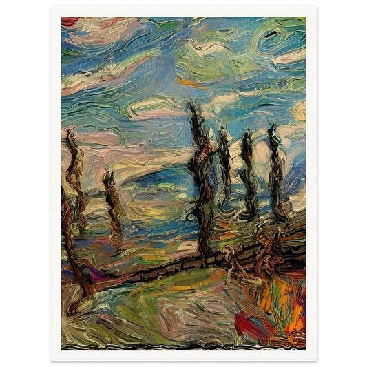 "An expressive and textured painting with swirling skies and windswept trees, full of dynamic brushstrokes in vibrant blues, greens, and earth tones."