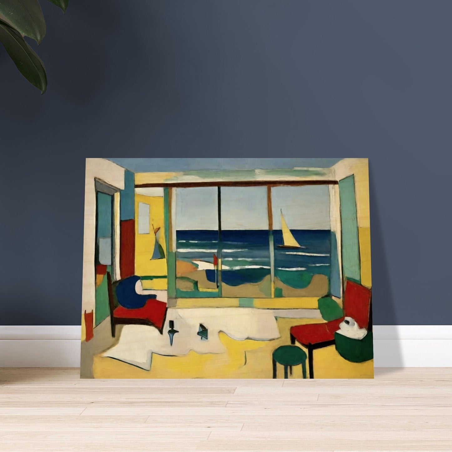 A vibrant painting of an interior room with a large window showcasing a view of the ocean, a sailboat on the water, and colorful furniture.