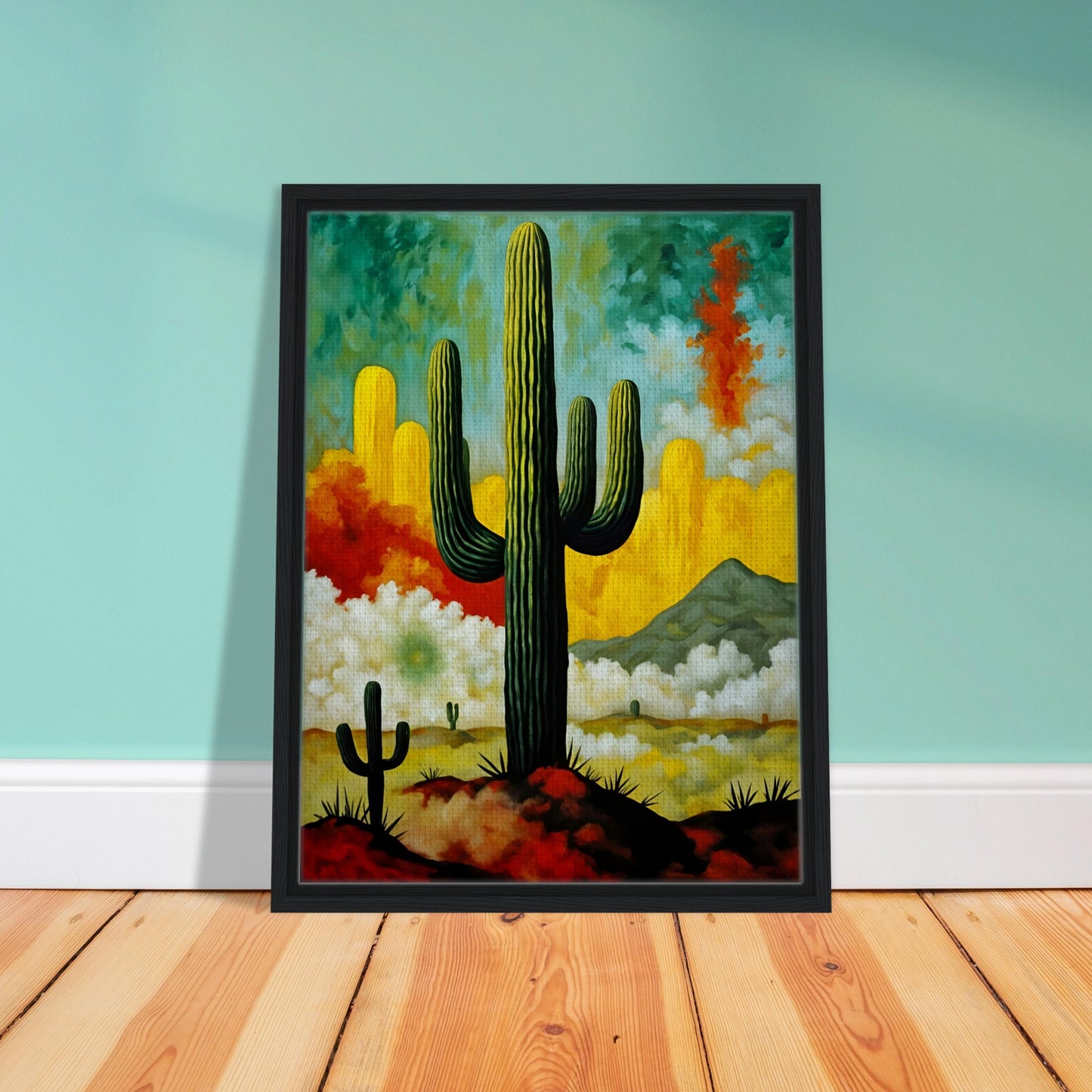A striking painting of towering cacti set against a vivid desert sky, with swirling clouds, golden hues, and a distant mountain.