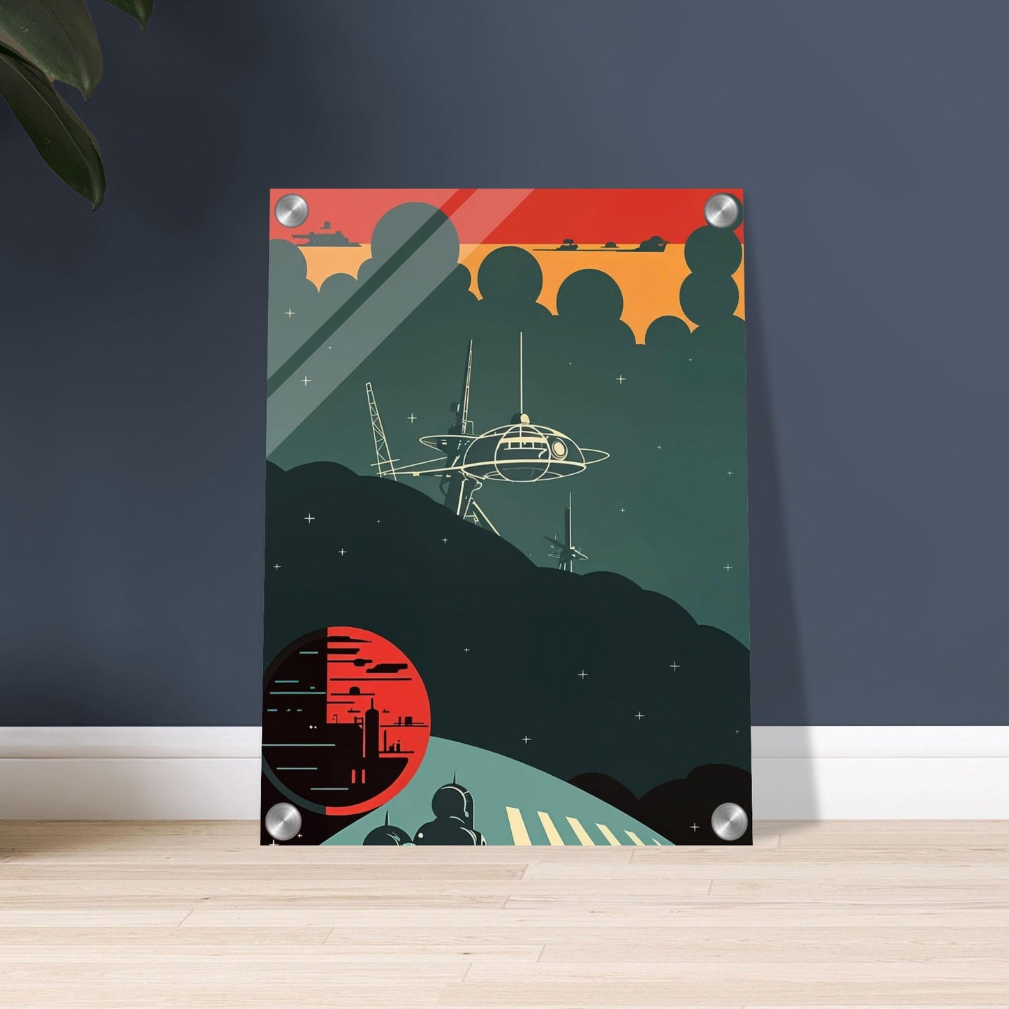 A futuristic scene featuring a space station silhouetted against a dark sky with a glowing red planet in the background, capturing a moment of eerie calm in space.