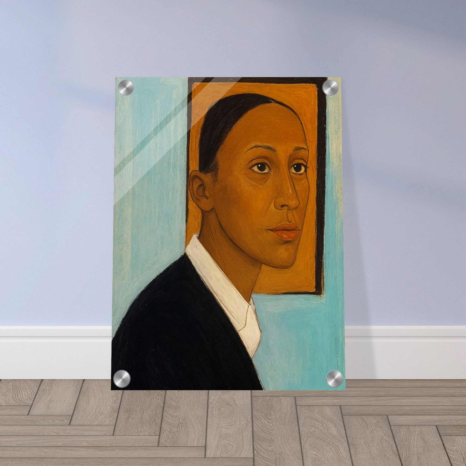Stylized painting of a person in profile wearing a black jacket and white shirt against a light blue background with an orange frame behind the head.