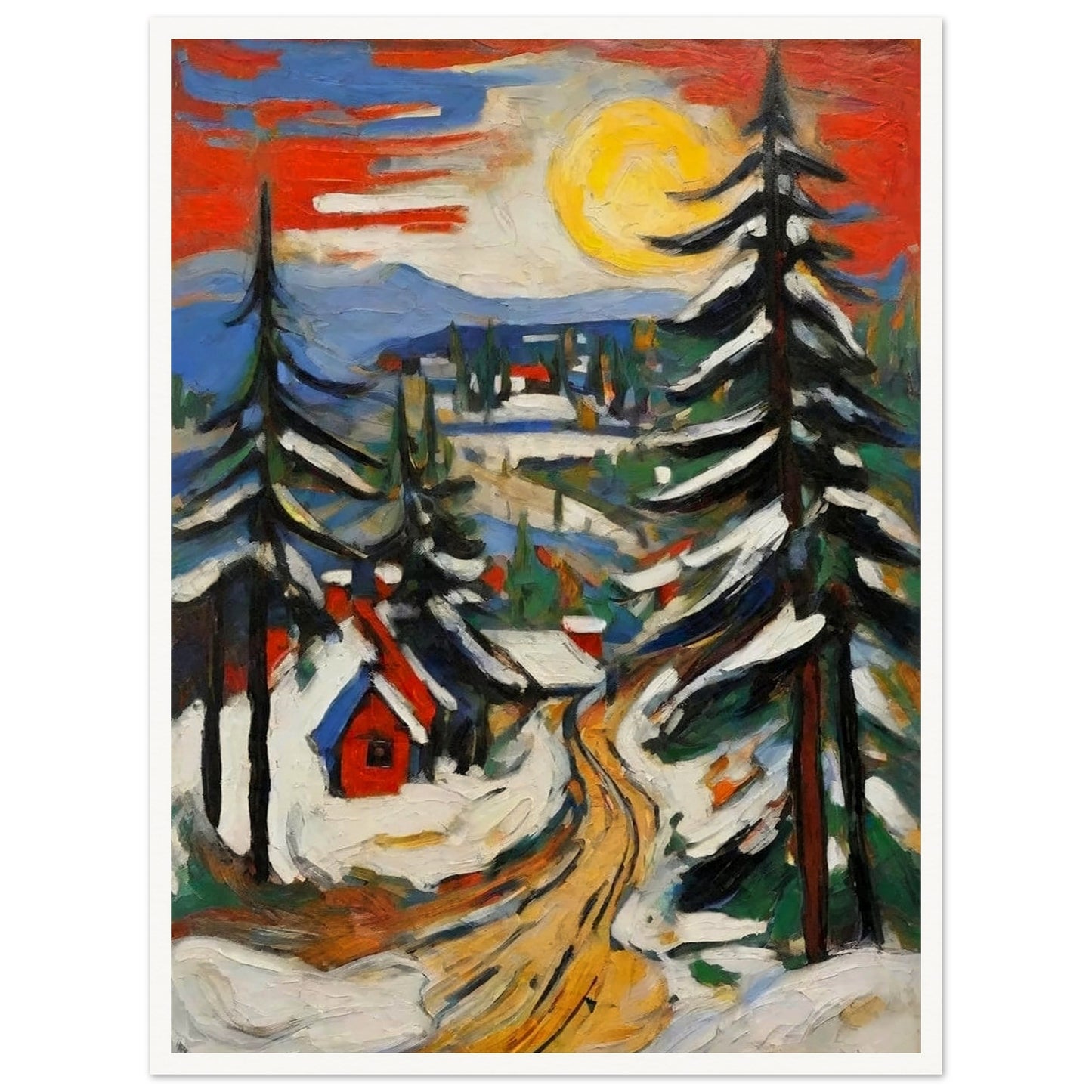 "A vibrant painting of a snow-covered village under a bright yellow sun, with tall pine trees and a winding golden path leading through the scene."