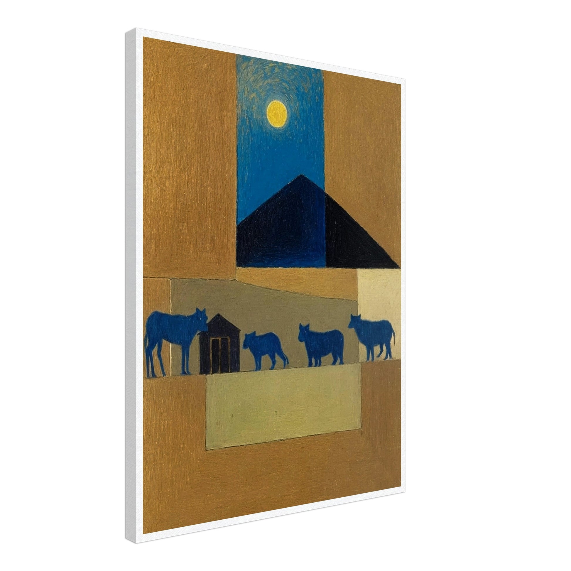 A peaceful night scene with blue cattle walking under the moon, against a backdrop of warm earthy tones and a dark triangular roof.