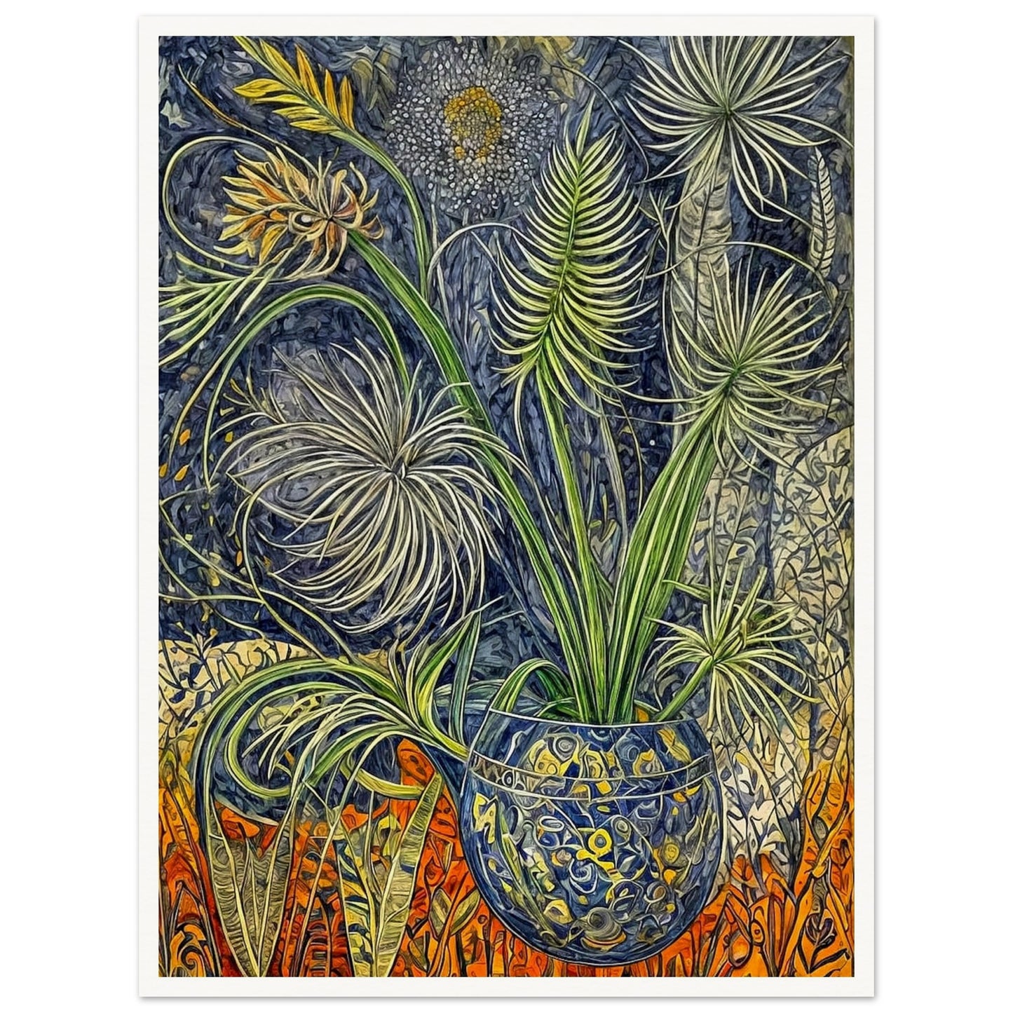 An intricate painting of lush green plants in a patterned blue vase, surrounded by detailed foliage and vibrant orange accents in the background.