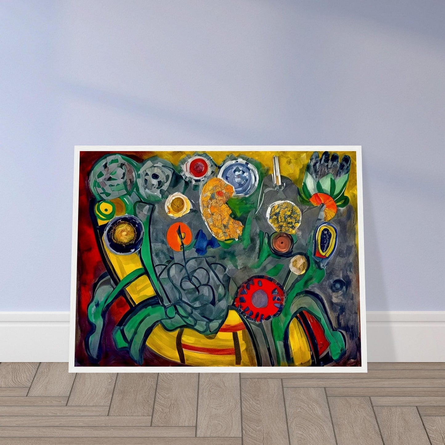A bold, abstract depiction of colorful flowers with swirling shapes and rich colors like red, yellow, and green, creating an energetic garden-like scene.