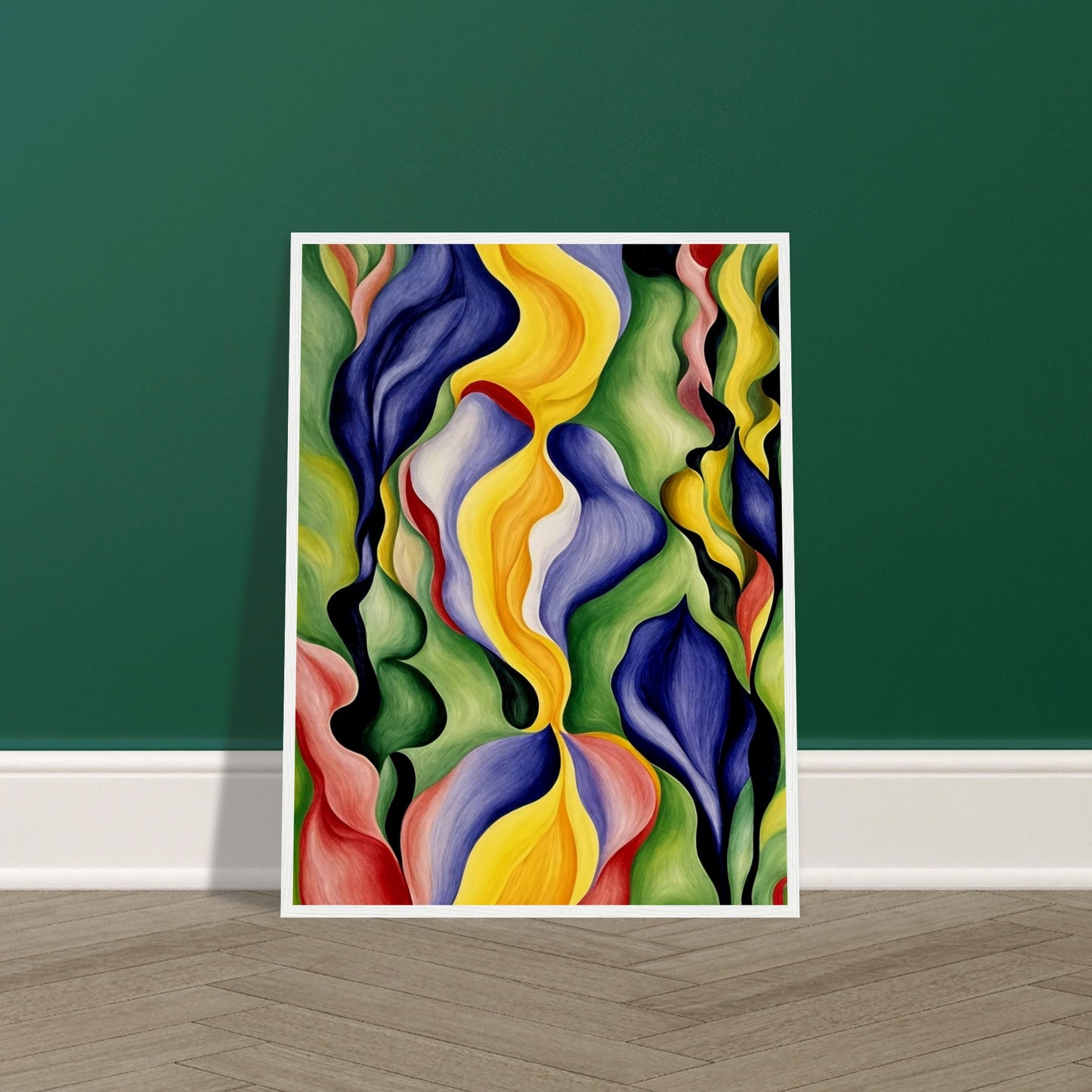An abstract painting with vibrant, flowing shapes in hues of yellow, blue, green, and red, creating a dynamic and lively composition.