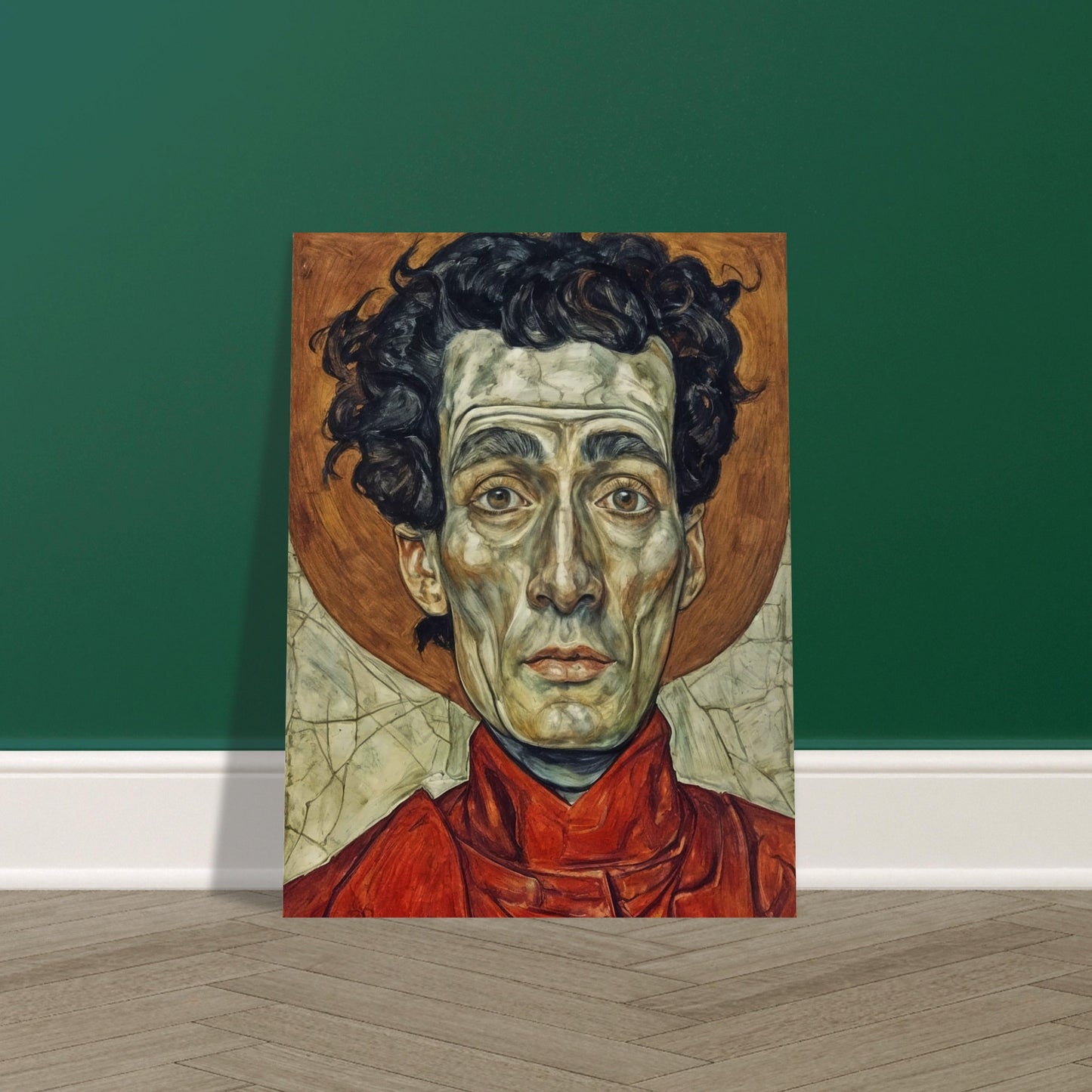 A striking portrait of a man with intense, solemn eyes, painted in vivid reds and browns, capturing a deep sense of weariness and resolve.