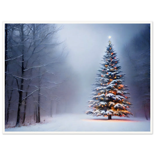 A snow-covered Christmas tree glowing with warm lights, standing alone in a misty winter forest, surrounded by frosted trees and soft light.