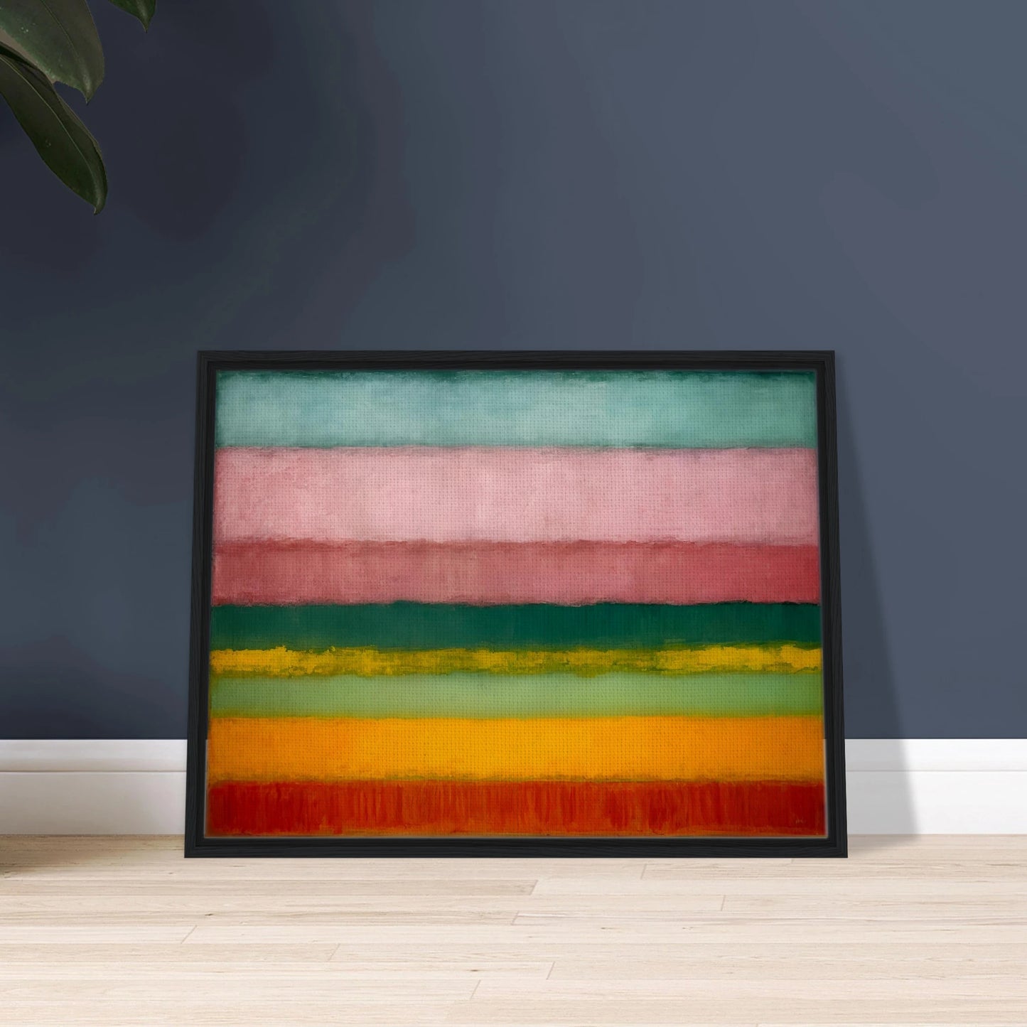 A minimalist painting of horizontal color bands fading softly from one to another in pink, green, yellow, and red tones.