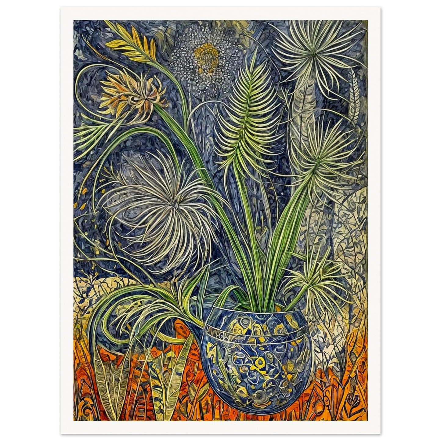An intricate painting of lush green plants in a patterned blue vase, surrounded by detailed foliage and vibrant orange accents in the background.