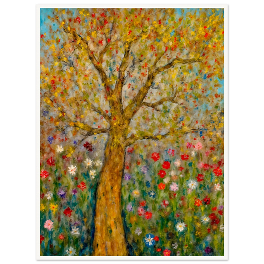 A golden-barked tree stands tall in a vibrant field of blooming flowers, with multicolored petals dancing against a soft blue sky.