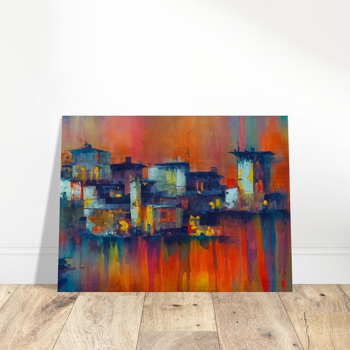 Vibrant abstract cityscape with glowing buildings against a rich, multicolored sky, capturing the essence of an evening skyline.