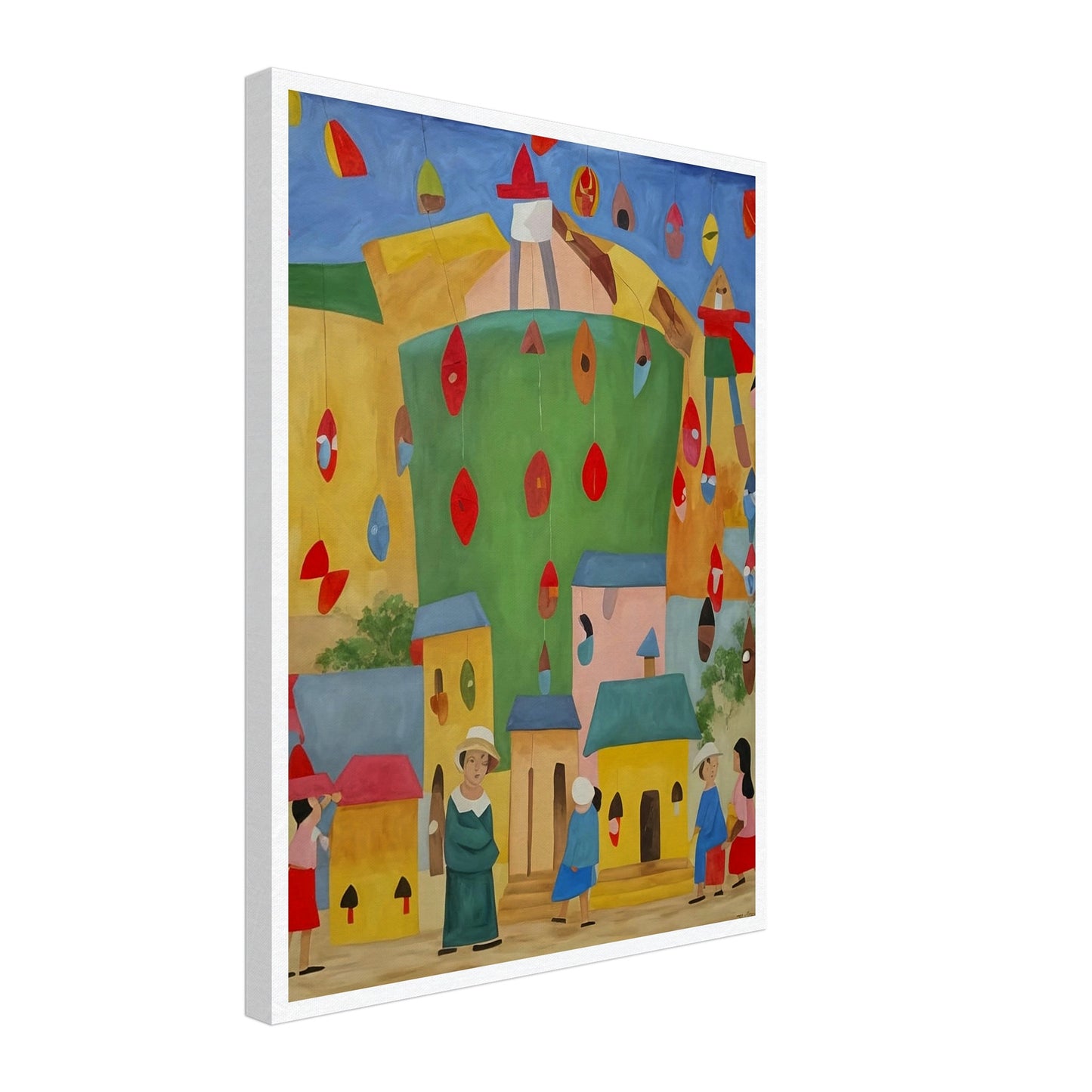 Vibrant painting of a festive village scene with colorful houses and people celebrating under hanging decorations.