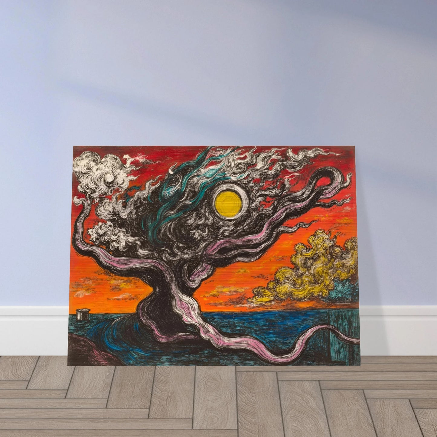 A surreal tree with smoky limbs stretches beneath a fiery orange sky and sun, near a vivid blue sea and yellow clouds.