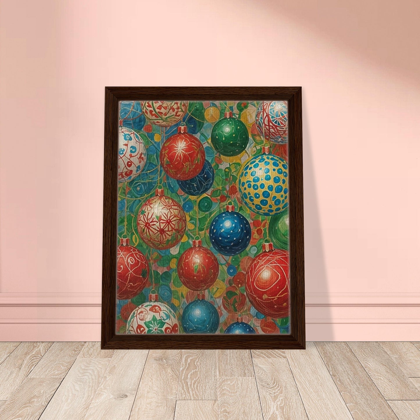 A vibrant array of colorful Christmas ornaments in red, blue, green, and white, decorated with intricate patterns and set against a lively background of overlapping colors.